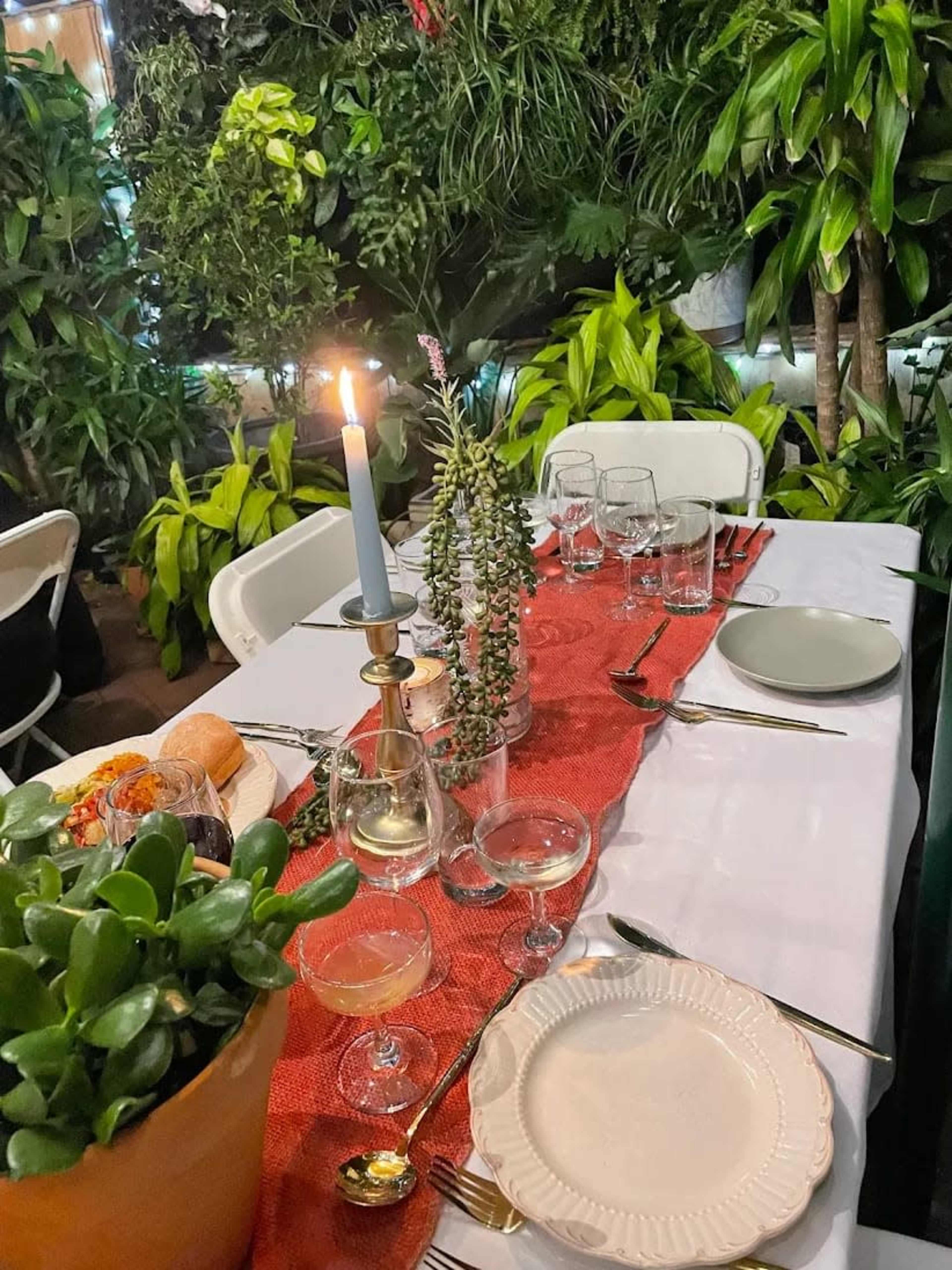 A dining table is set with glassware and a candle, surrounded by lush greenery in an indoor garden setting.