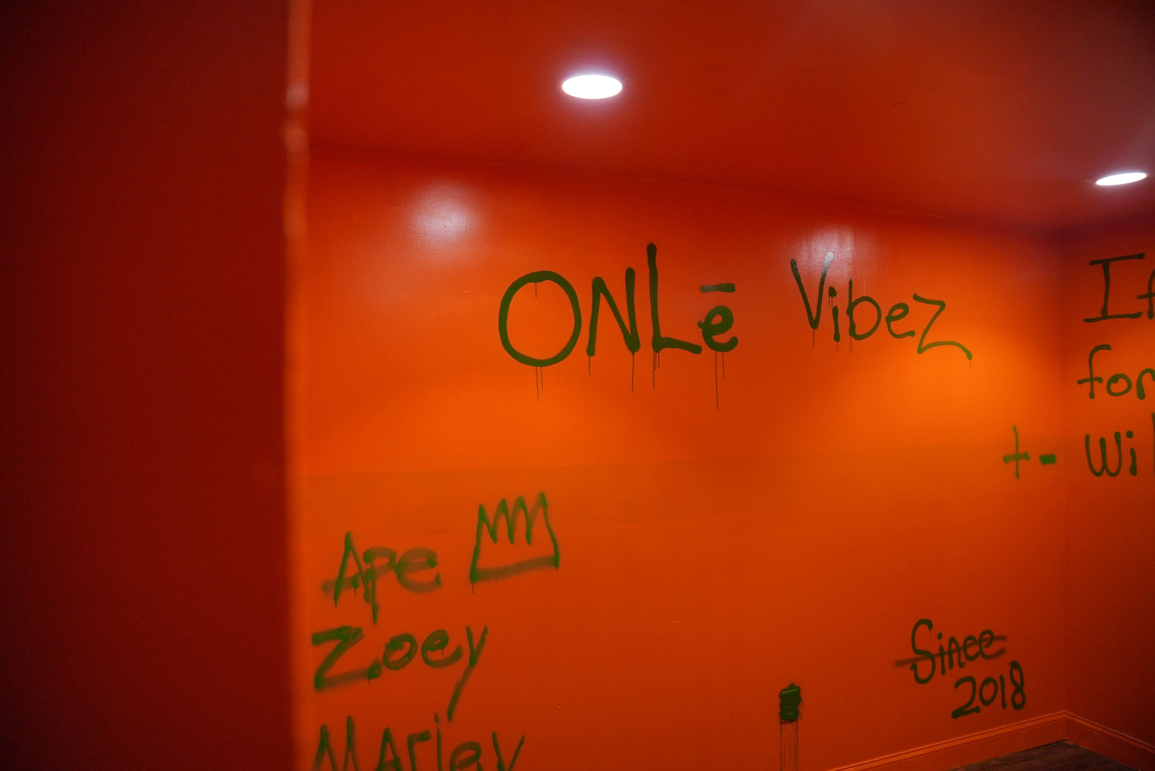 An orange wall with graffiti text that includes "ONLé Vibez" and names such as "Ape," "Zoey," and "Marlay," along with the year "2018."