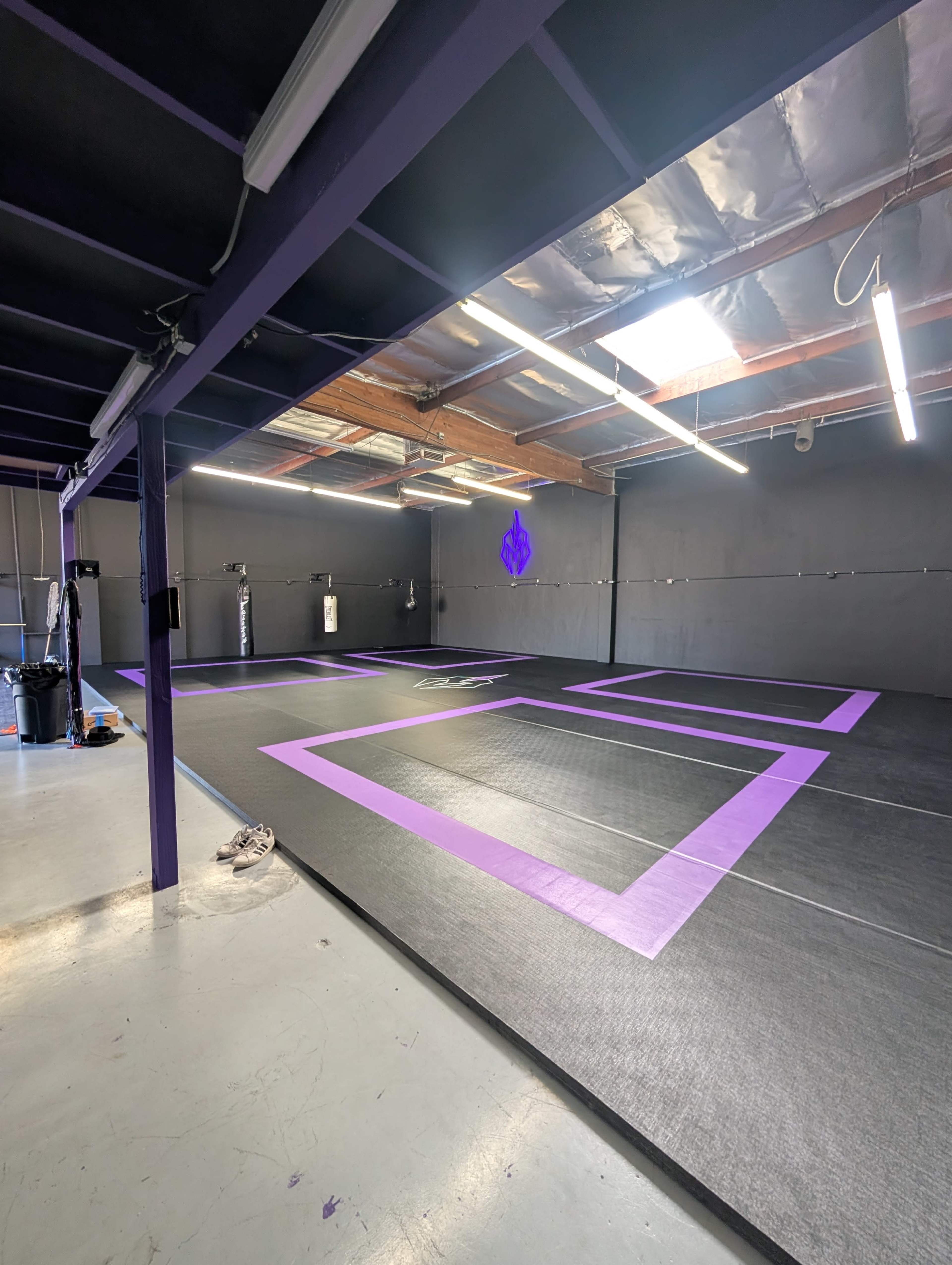 The image shows a spacious martial arts training room with purple accents, featuring padded flooring and hanging punching bags.