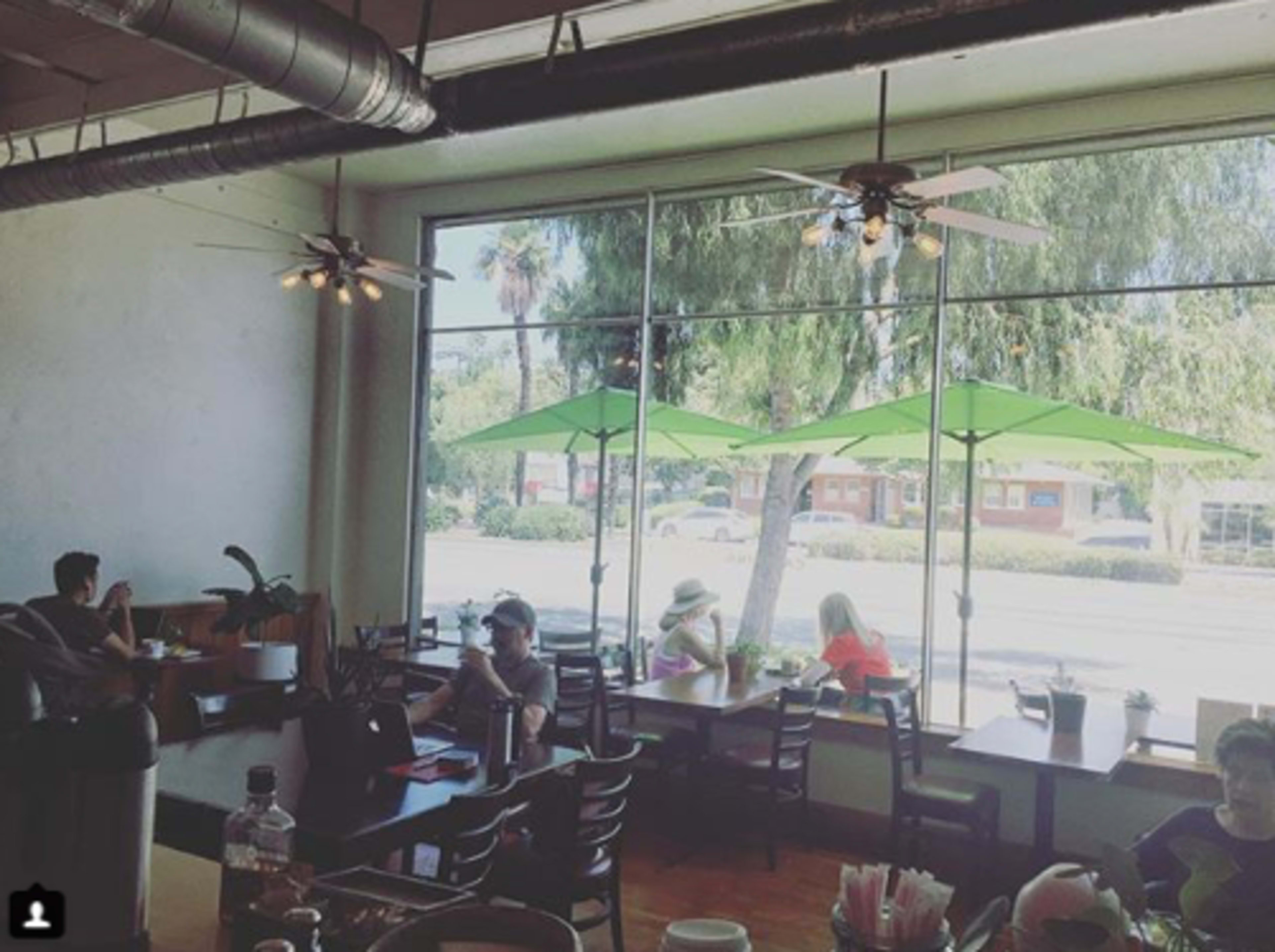 The image shows a cafe interior with patrons seated at tables, large windows overlooking an outdoor area with green umbrellas.