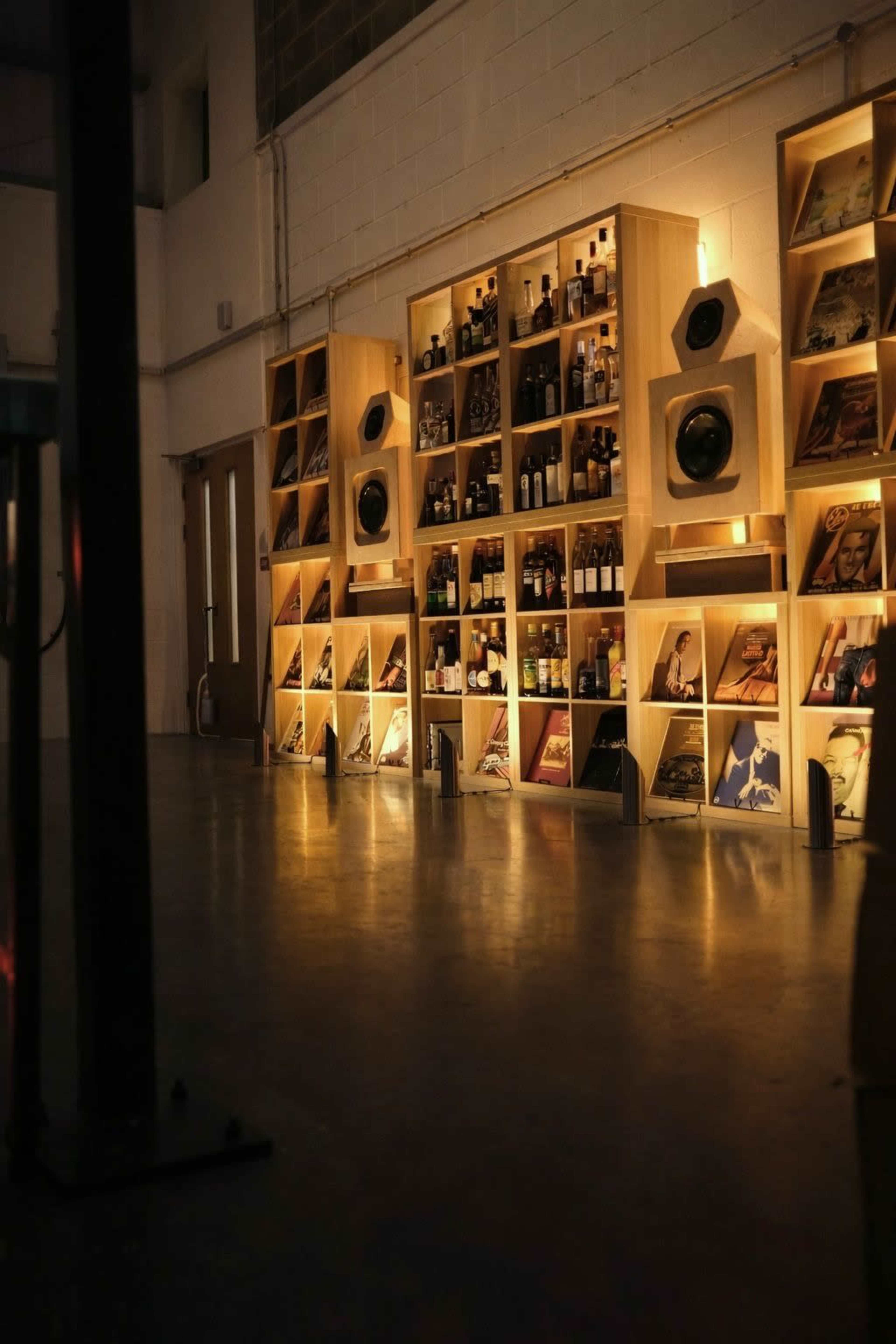 The image shows a wall-mounted wooden shelving unit filled with bottles and records, illuminated from below in a dimly lit room.