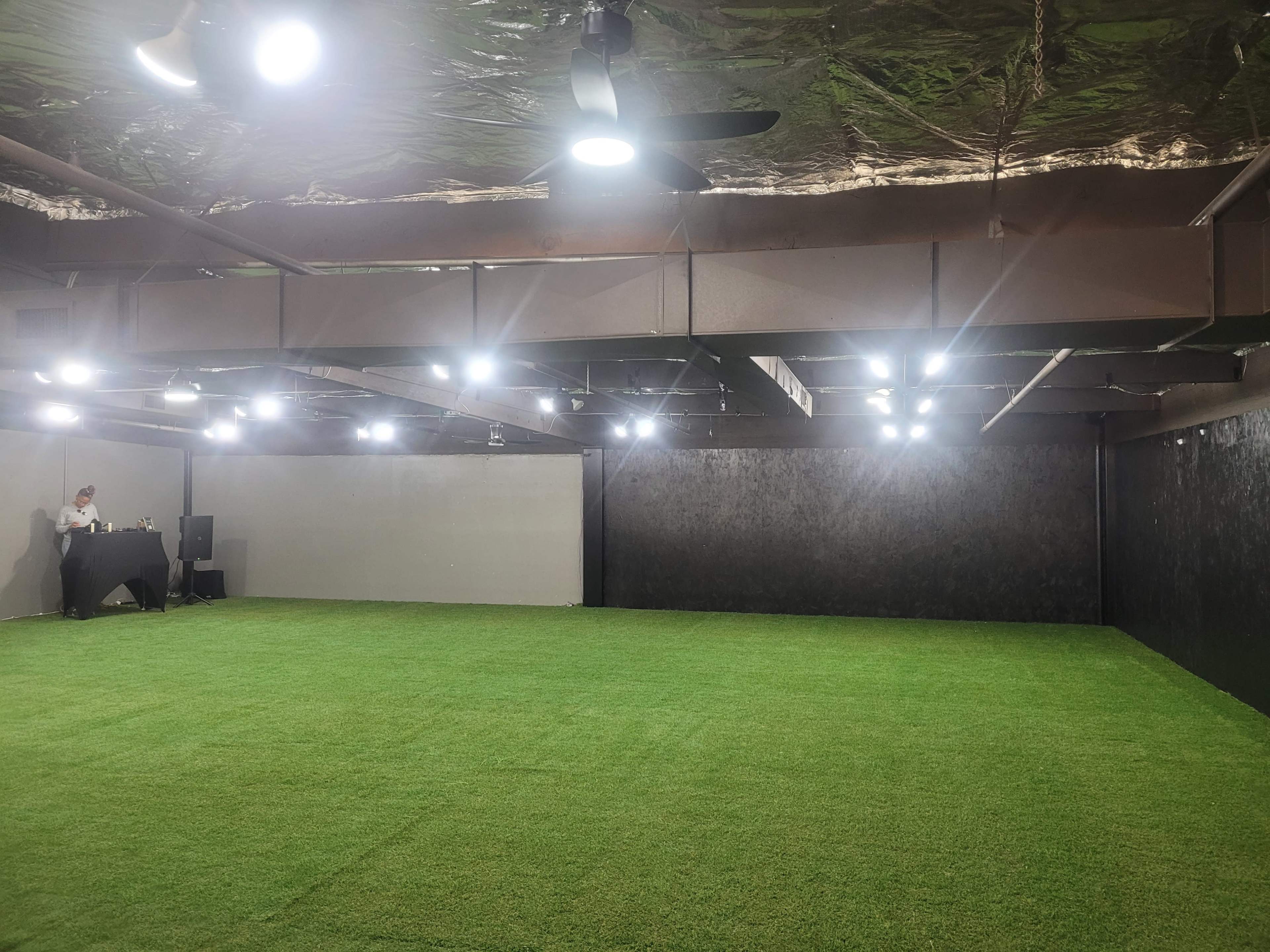 The image shows a spacious room with artificial grass flooring, illuminated by several ceiling lights, and a table at the far end.