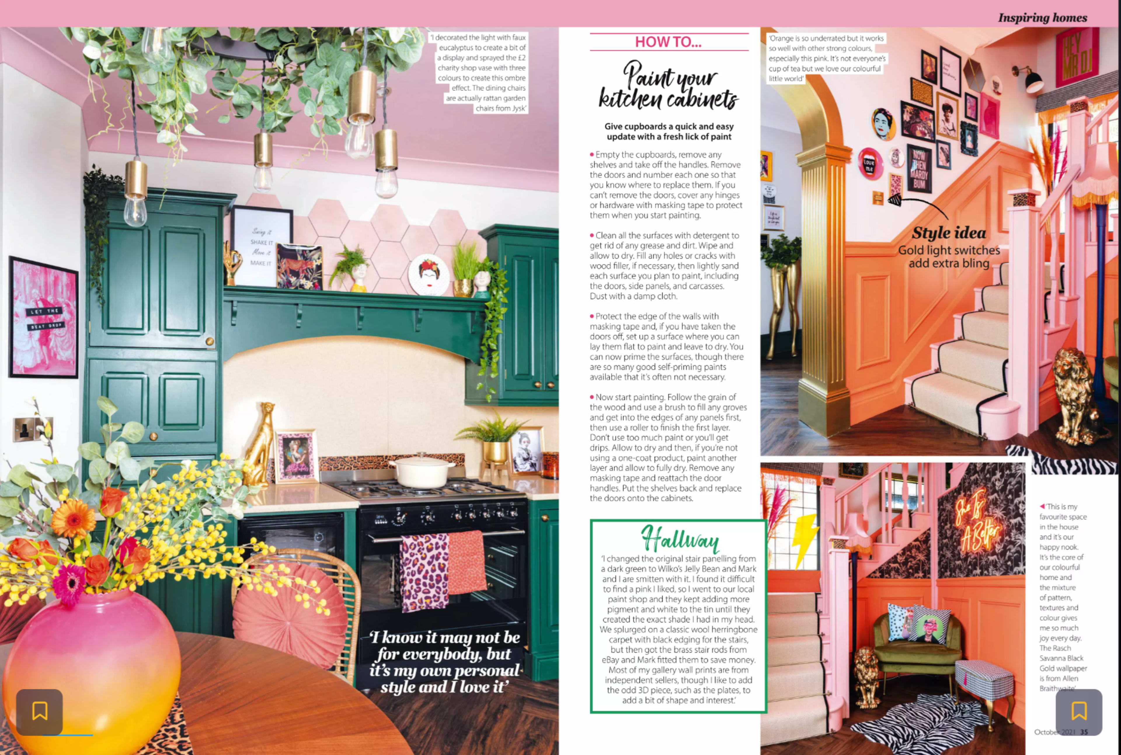 A colorful kitchen featuring green cabinetry, a decorative backsplash, and a dining area adorned with various framed artworks on the wall.