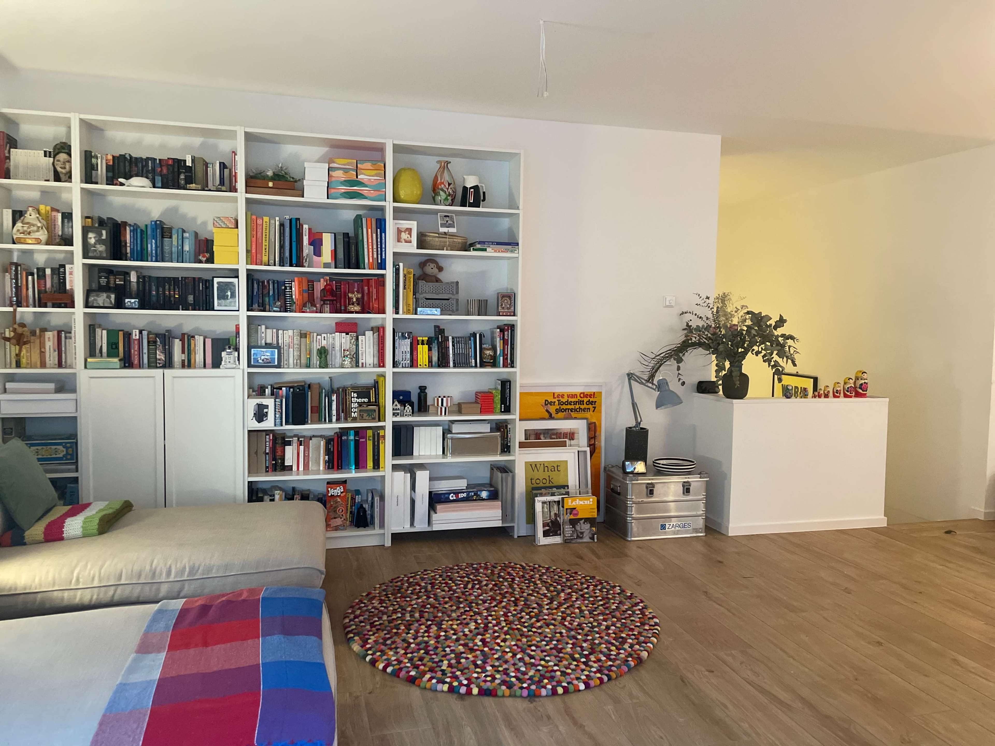 A cozy living room features a bookshelf filled with various books, a colorful circular rug, and a small white partition with decorative items.