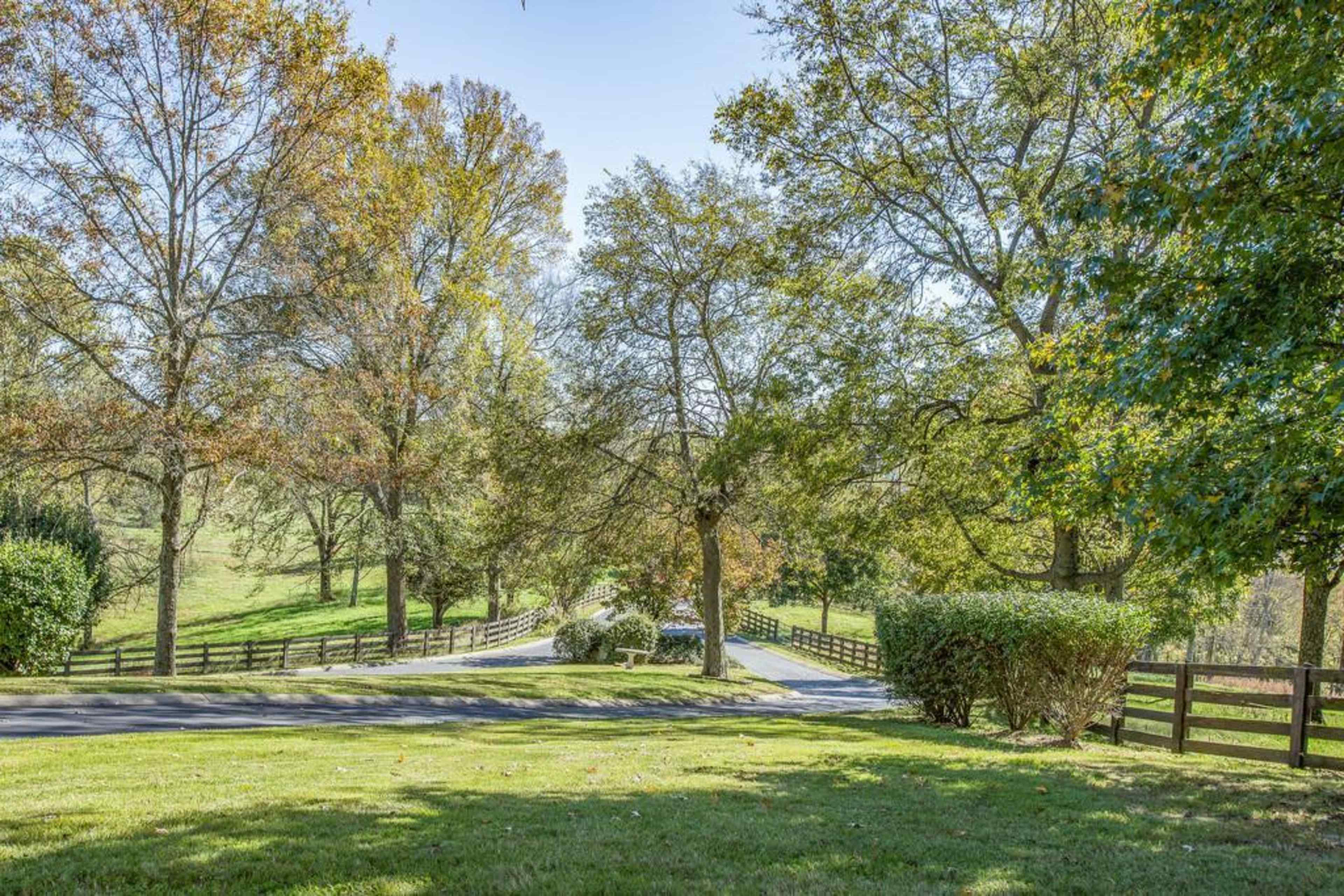 A paved driveway lined with trees leads through a rural landscape featuring grassy areas and wooden fencing.