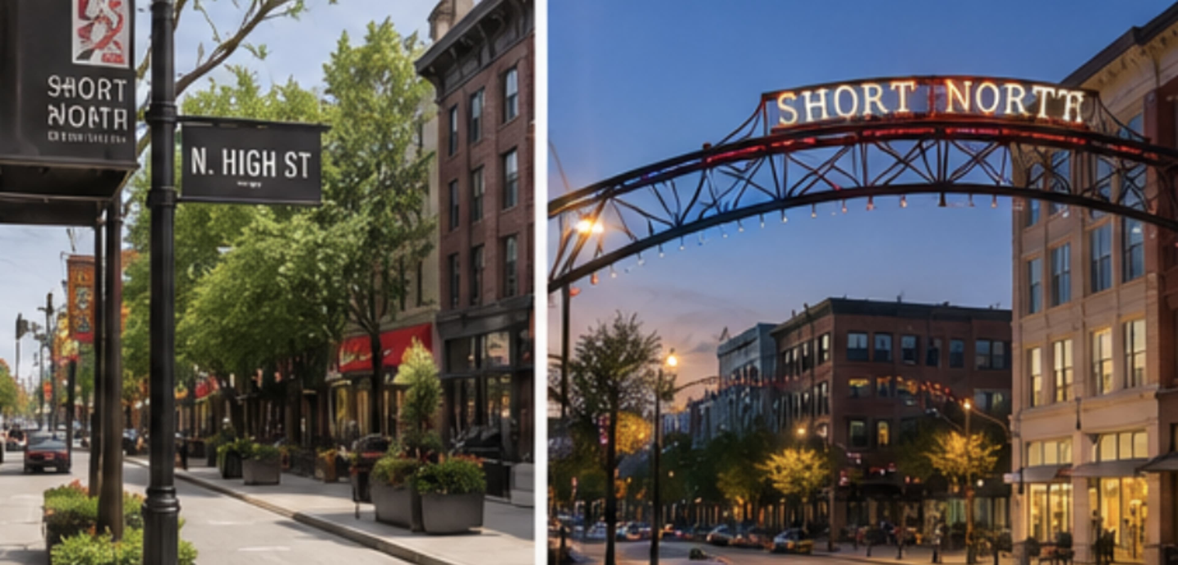 The image shows a vibrant street scene in the Short North Arts District, featuring a street sign for N. High St. and an archway sign prominently displaying "SHORT NORTH."