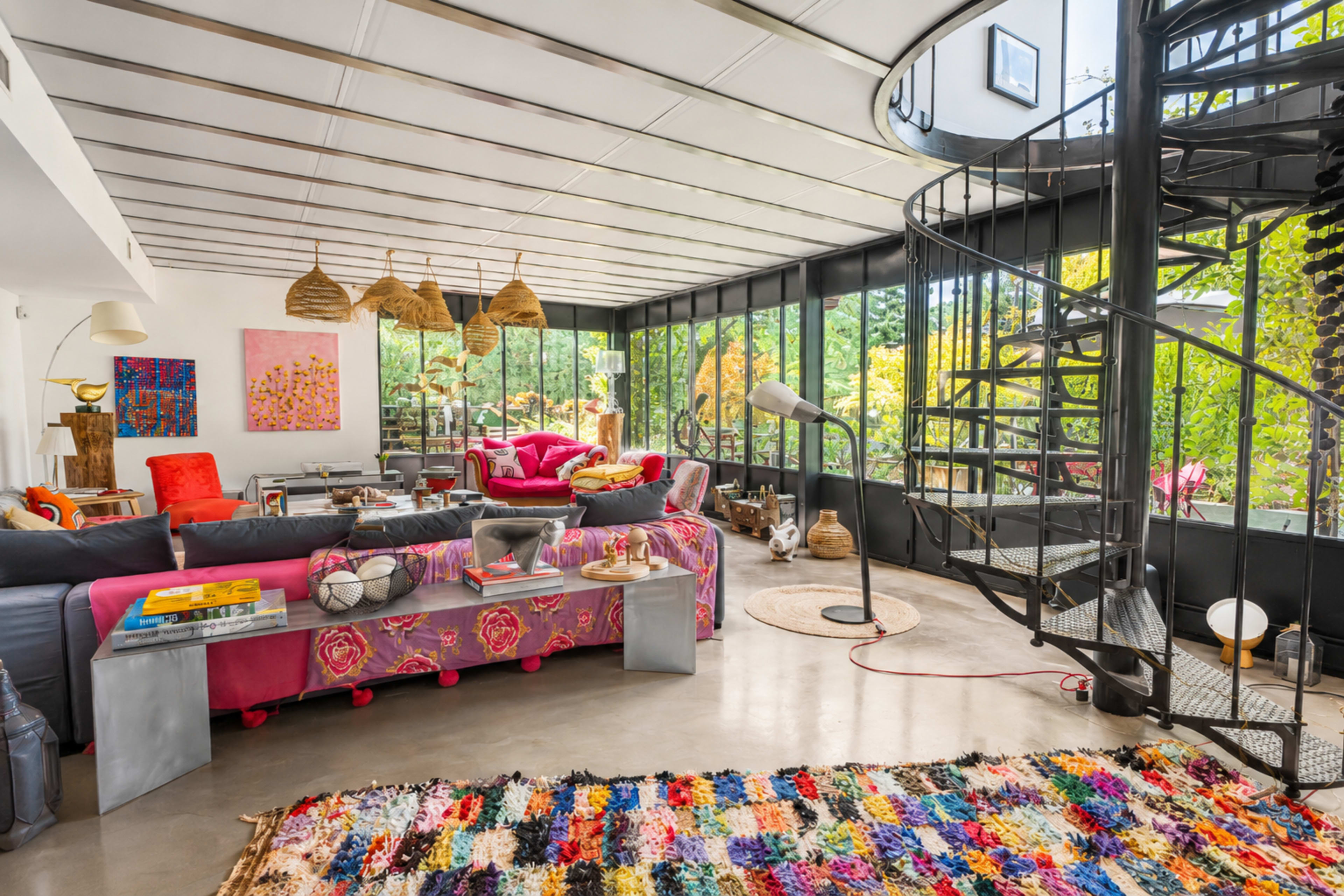 The image shows a vibrant, modern living room with colorful furniture, a spiral staircase, and large windows overlooking greenery.