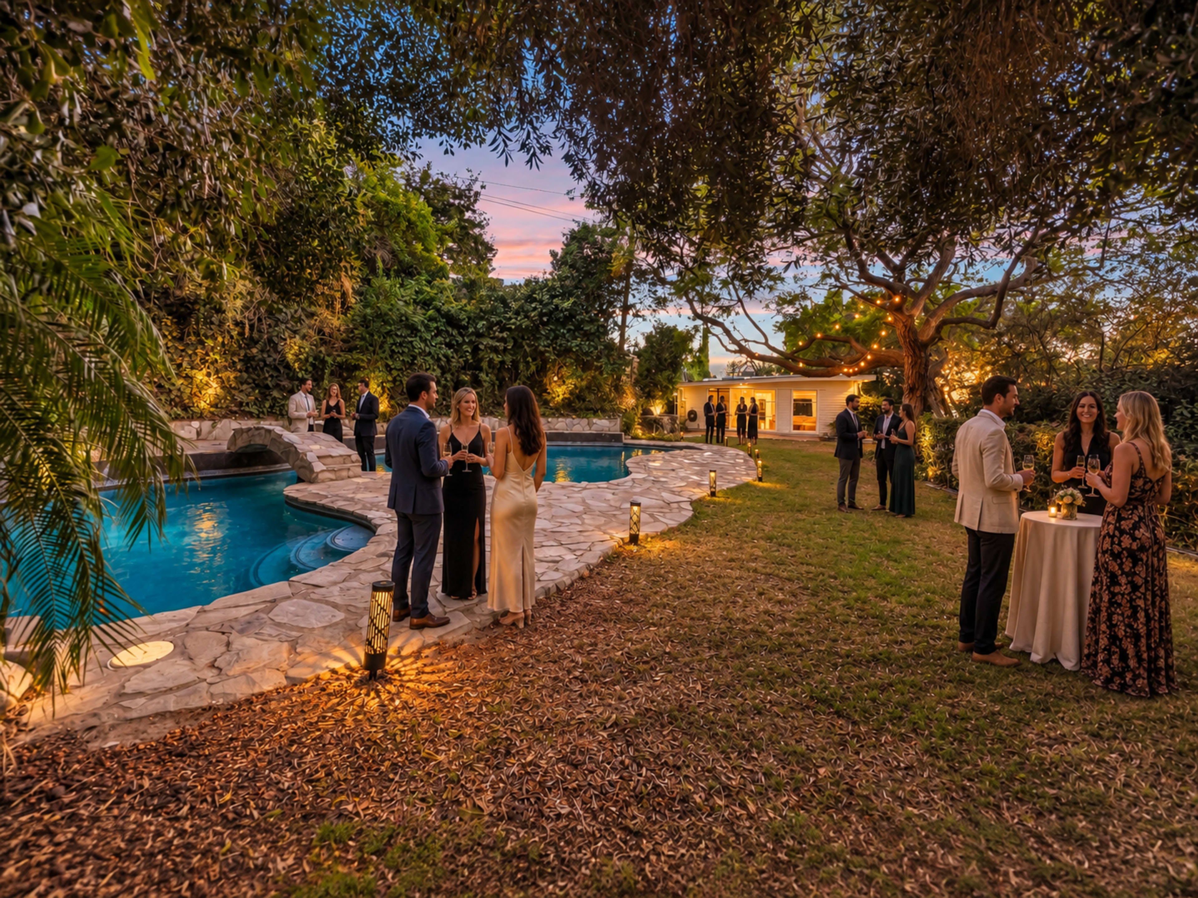 A garden party is taking place at dusk with guests mingling around a pool and decorative lighting illuminating the scene.
