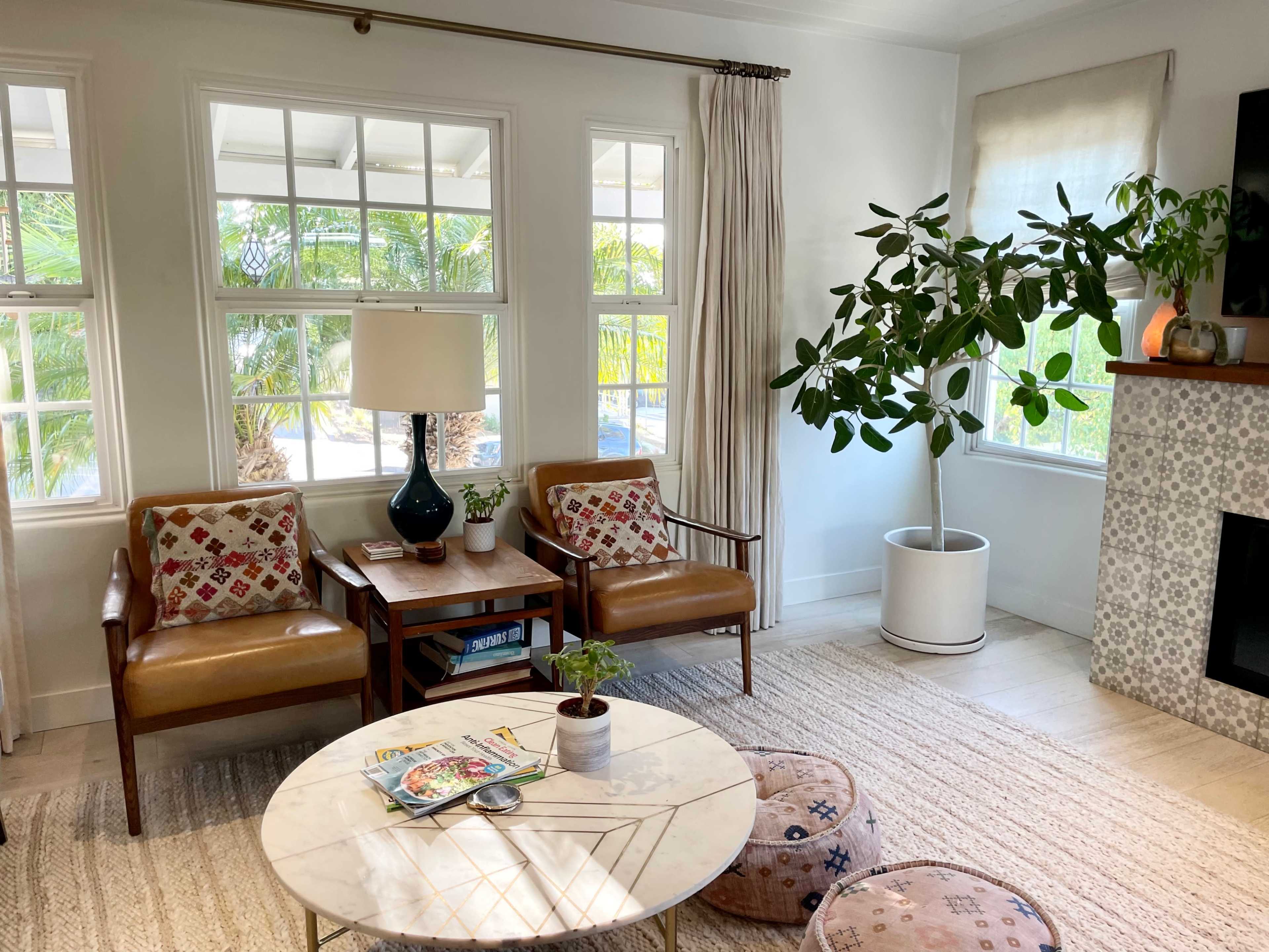 The image shows a cozy living room with two armchairs, a coffee table, and a large plant, illuminated by natural light coming through multiple windows.
