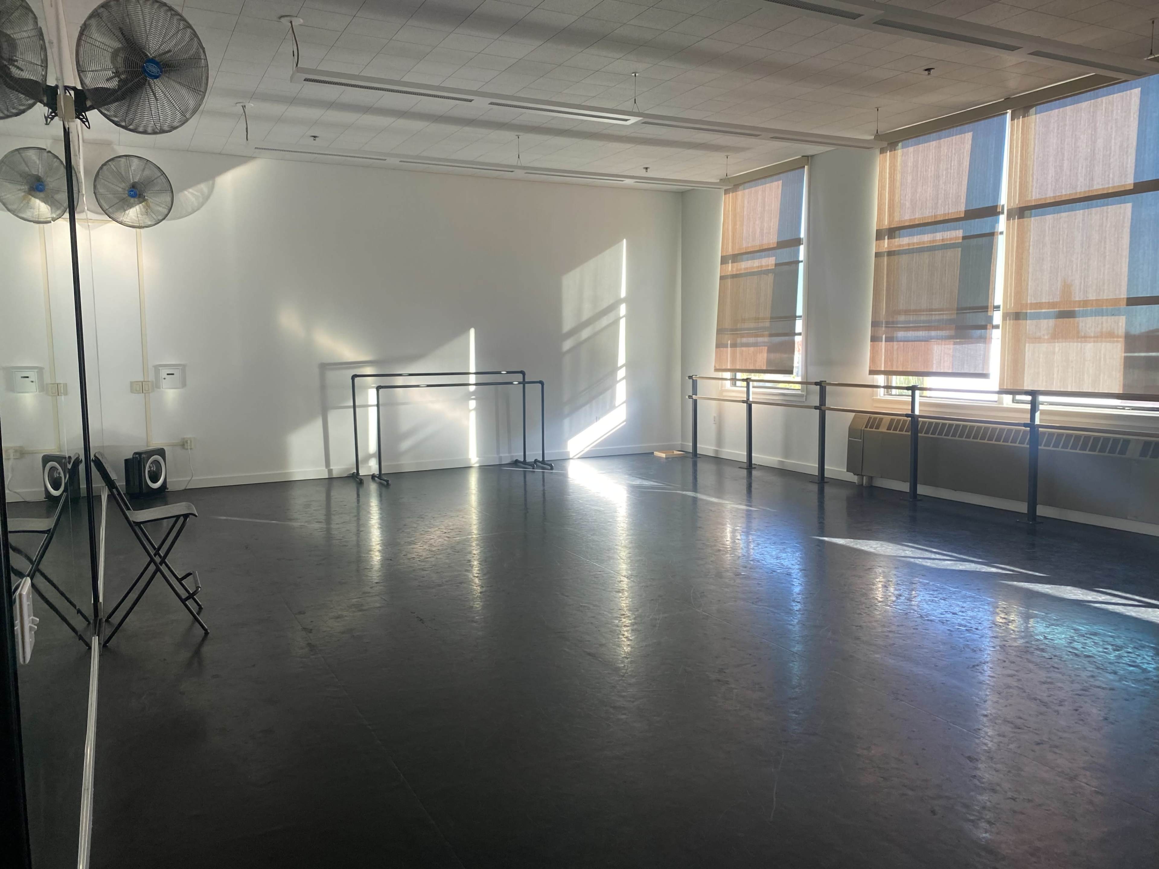 A dance studio with wooden ballet bars, fans, and large windows allowing natural light to enter.