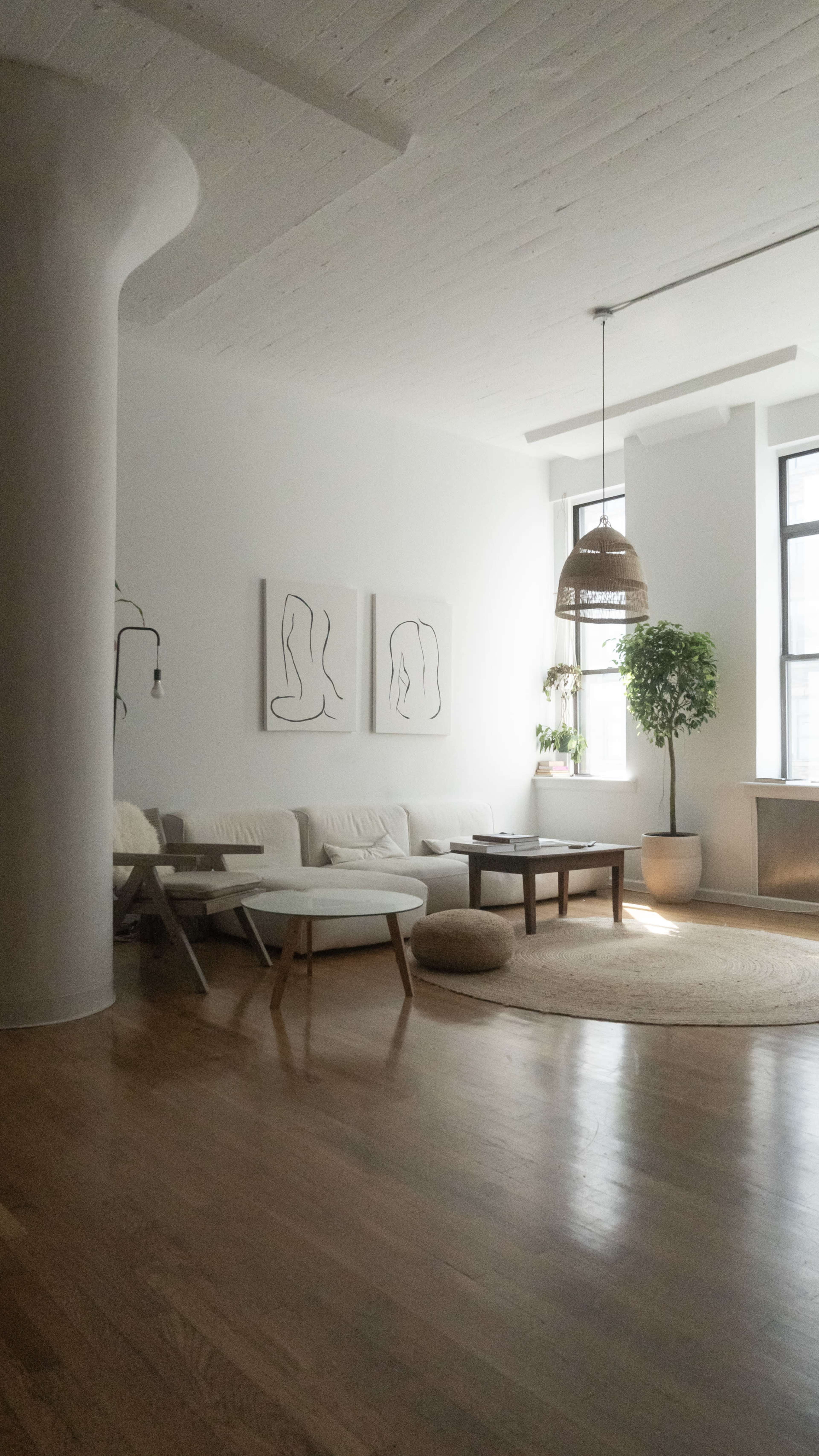 A minimalist living room features a white sofa, a round rug, two abstract art pieces on the wall, and a potted plant near a large window.