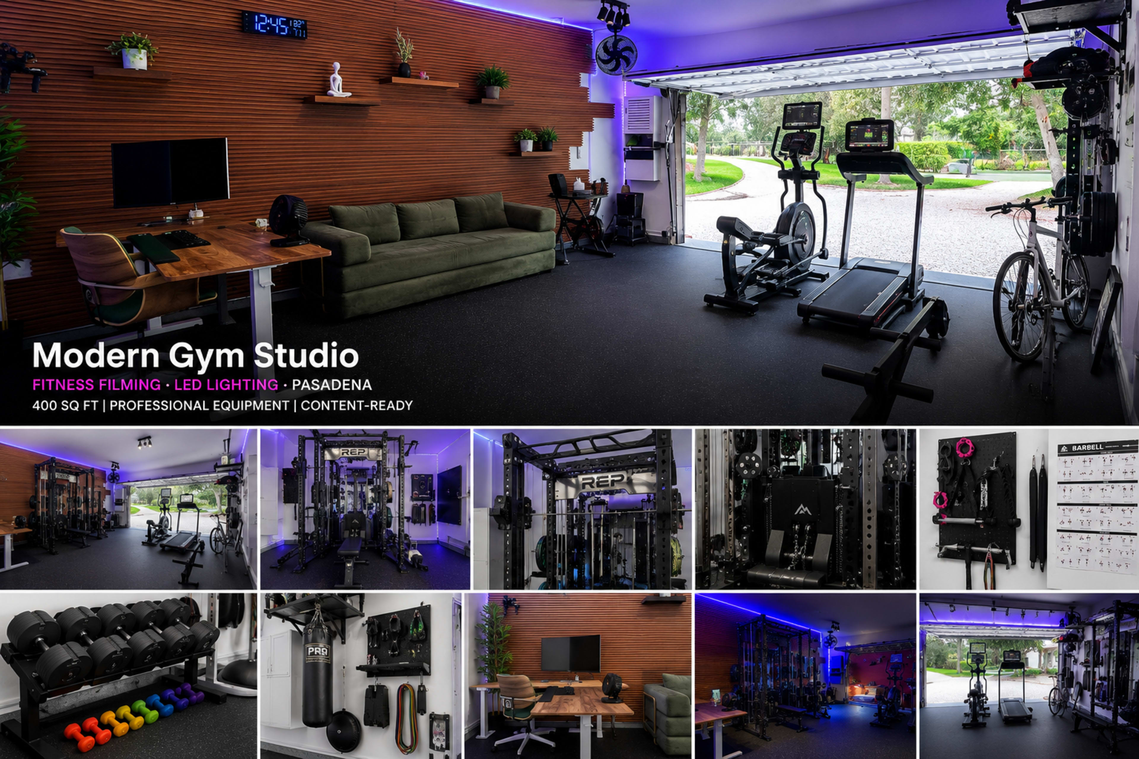 The image showcases a modern gym studio located in a garage, featuring professional fitness equipment, exercise machines, and a wooden accent wall with LED lighting.