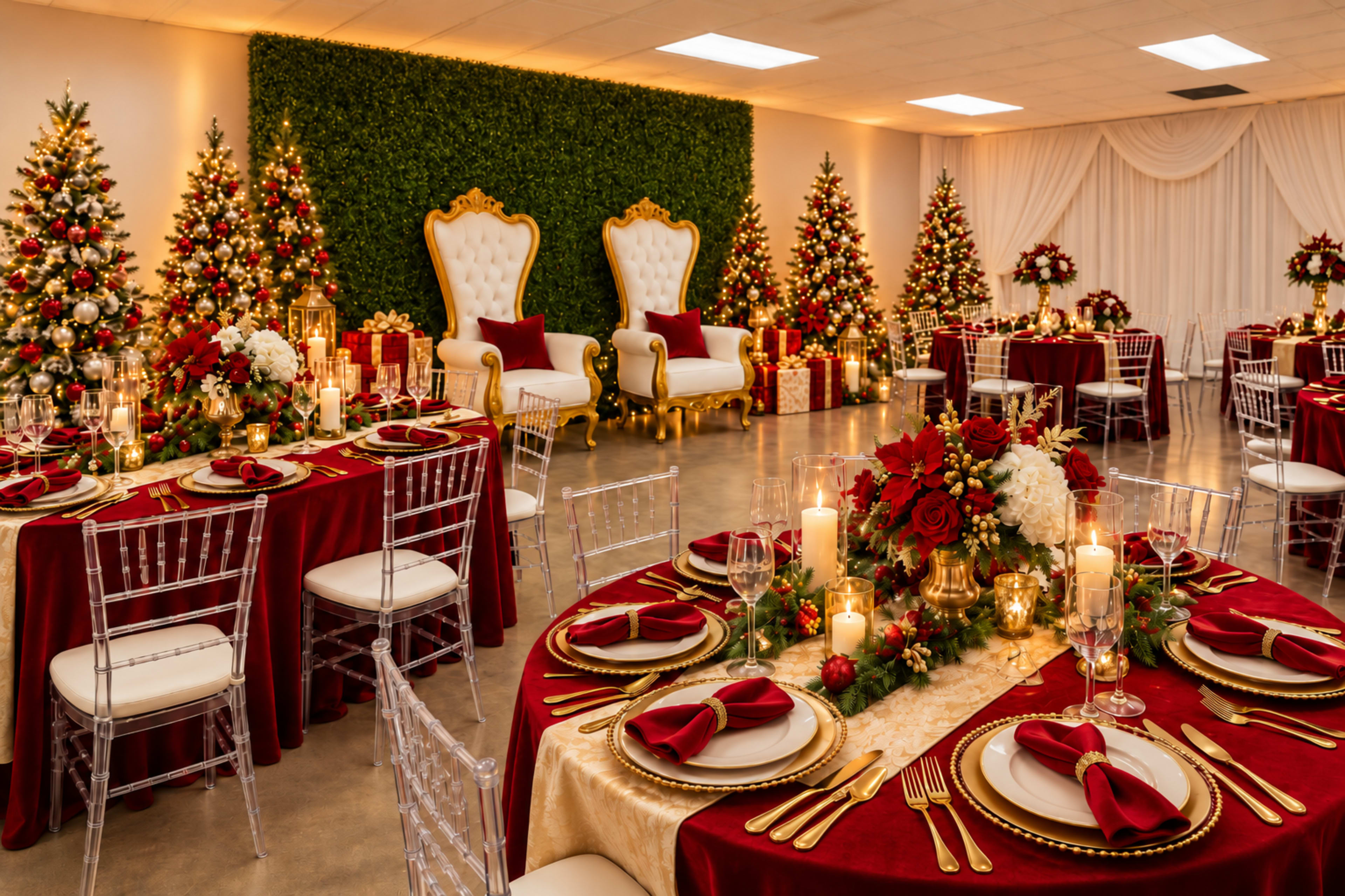 The image shows a festive banquet hall decorated with Christmas trees, elegant tables set with red and gold tableware, and lavish seating against a green backdrop.