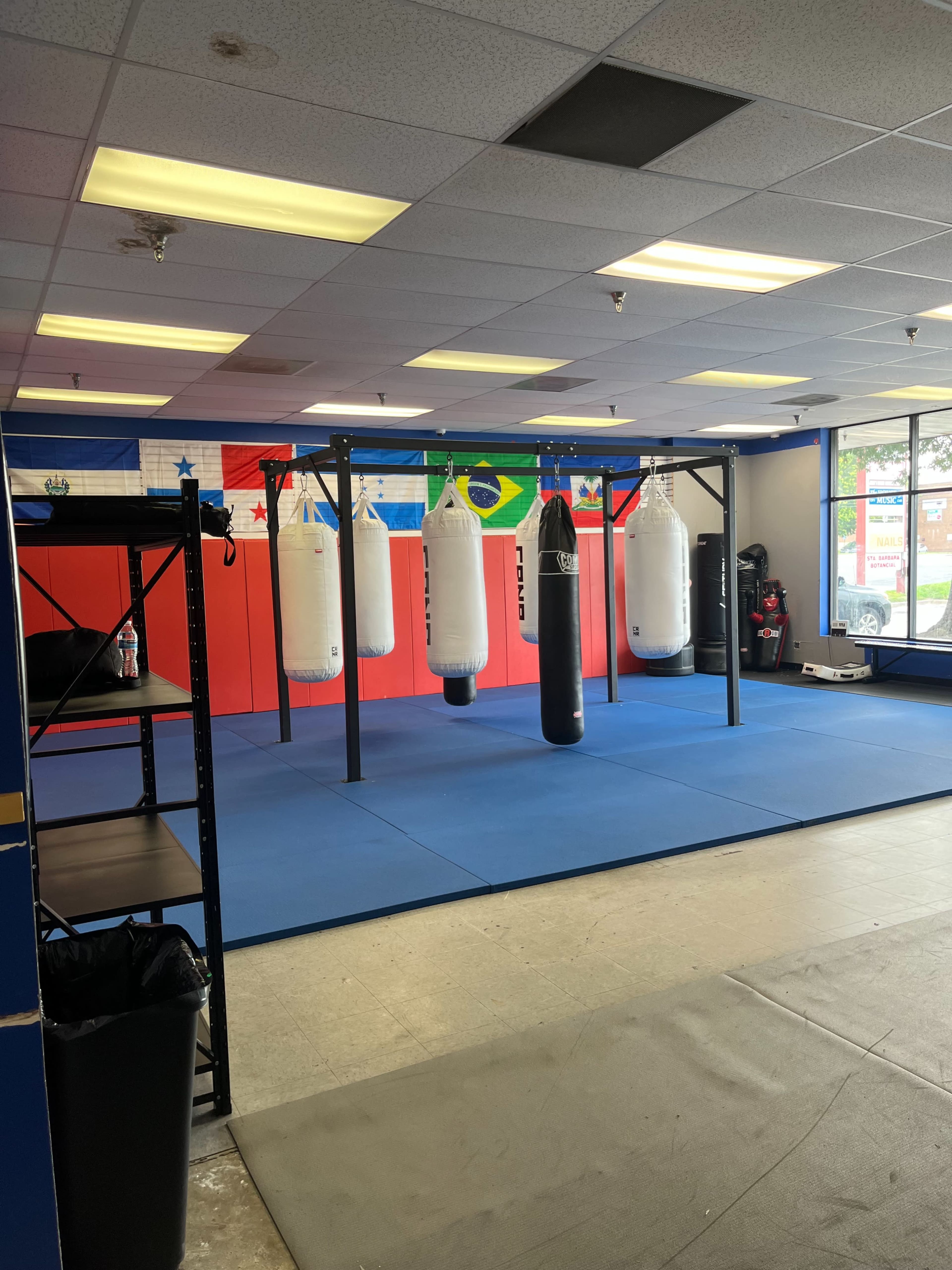 The image shows a training gym with a blue mat, six hanging punching bags, and a storage shelf in the corner.