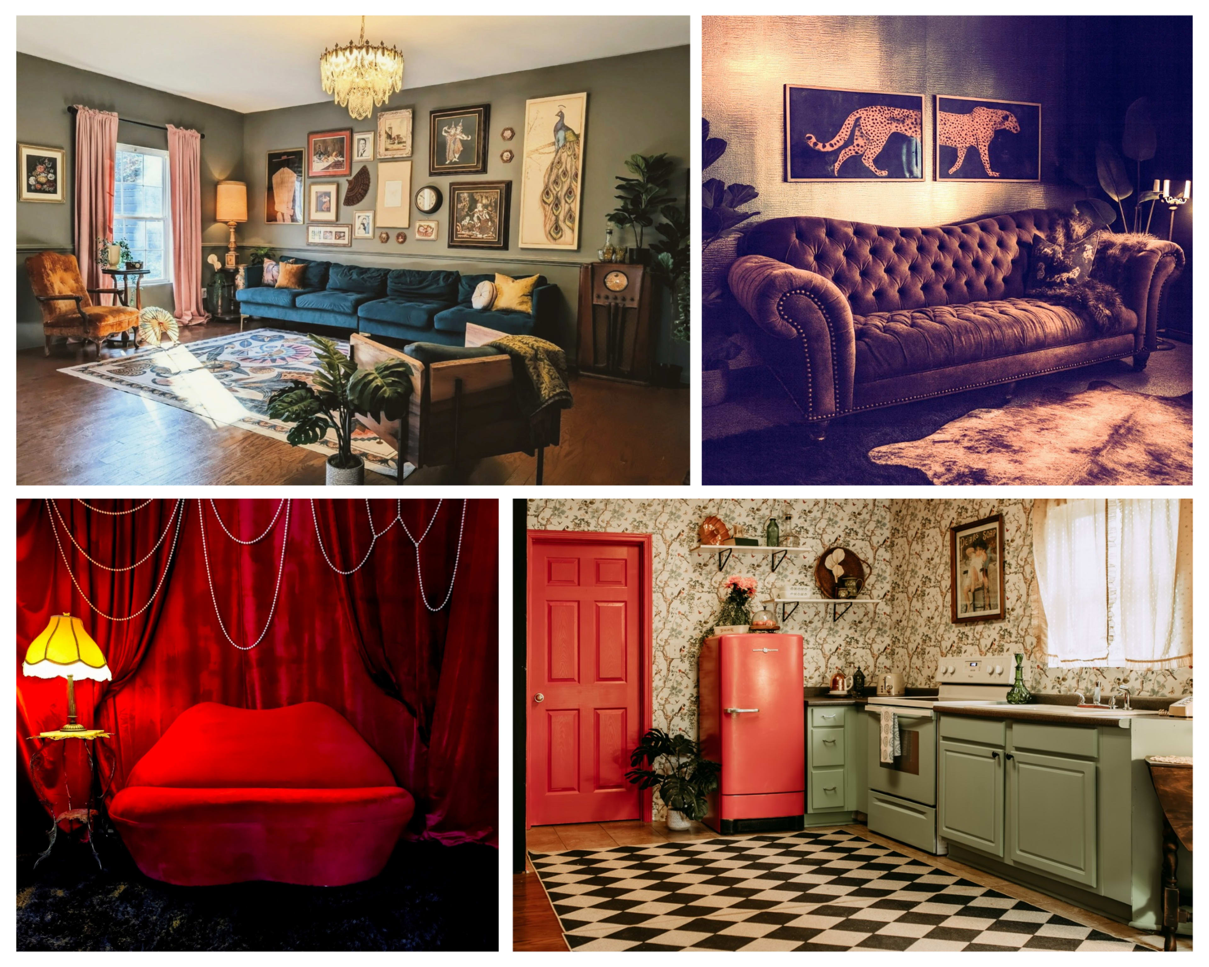 The image displays four different interior scenes, showcasing a living room with eclectic art, a cozy velvet sofa area, a red-themed lounge, and a retro kitchen with patterned walls and a vintage refrigerator.