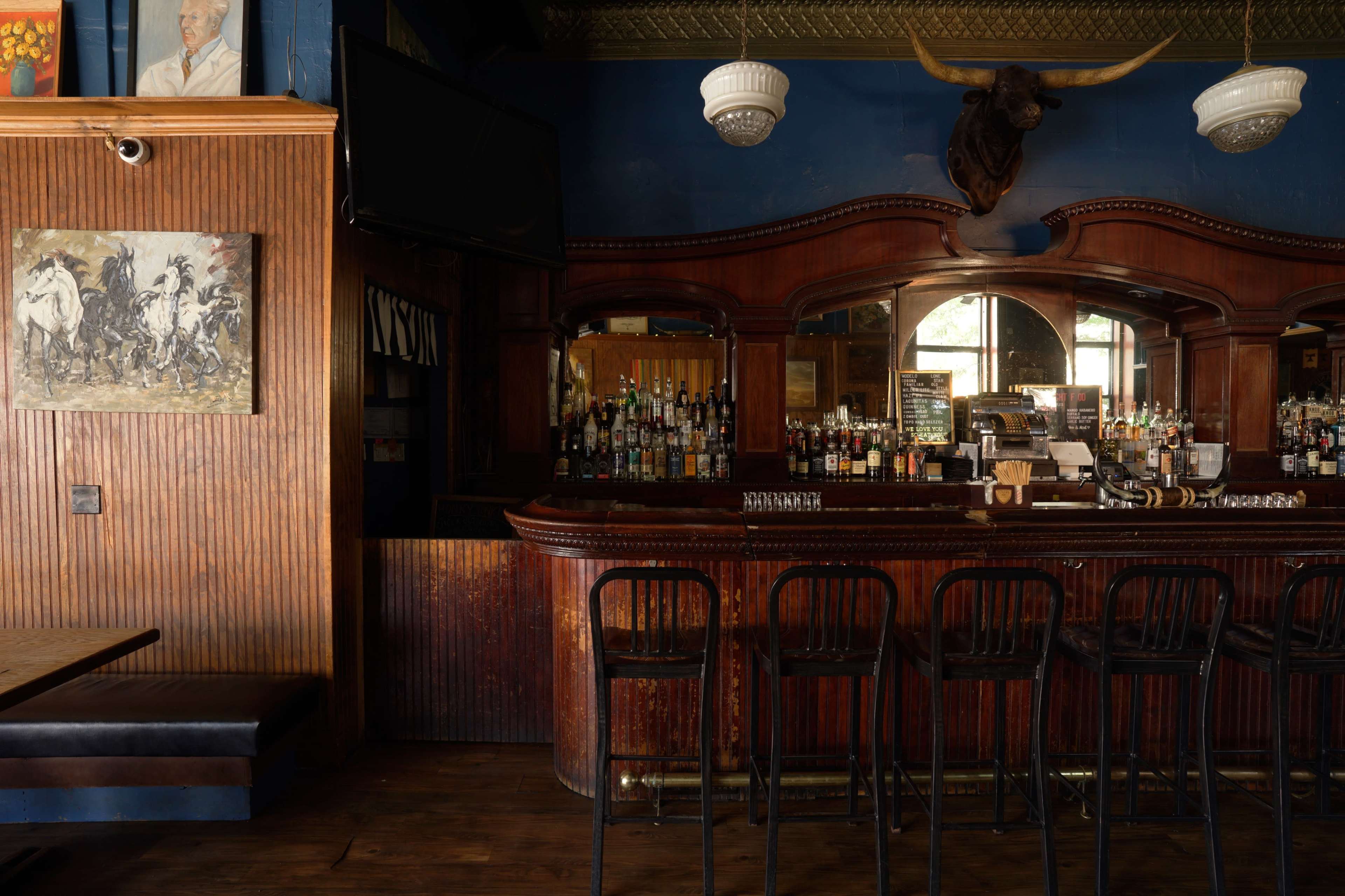 A dimly lit bar with a wooden counter, backlit shelves filled with bottles, and a mounted bull's head on the wall.
