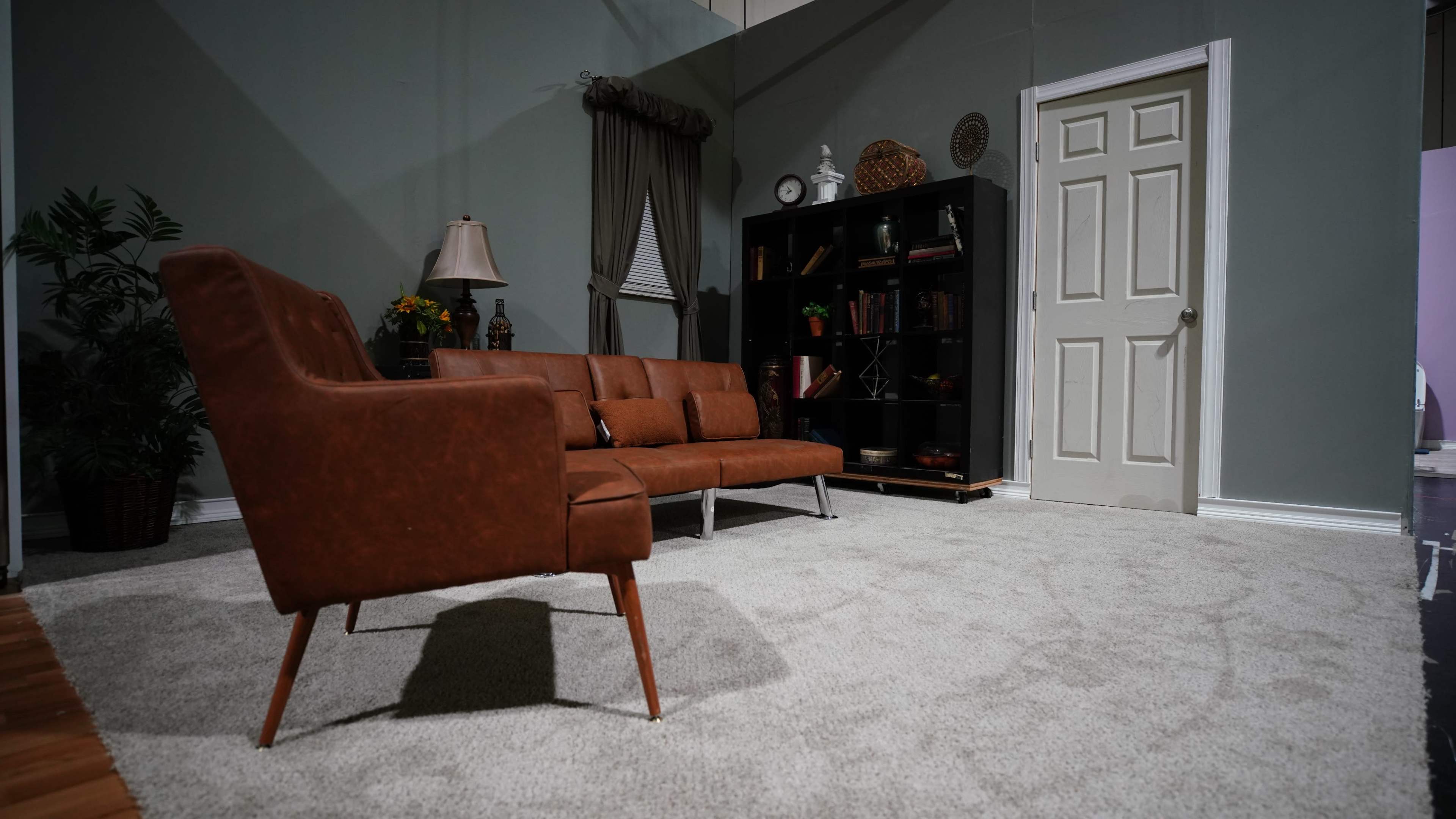 The image shows a room with a brown leather sofa, a lamp on a side table, a black bookshelf filled with books, and a closed white door.