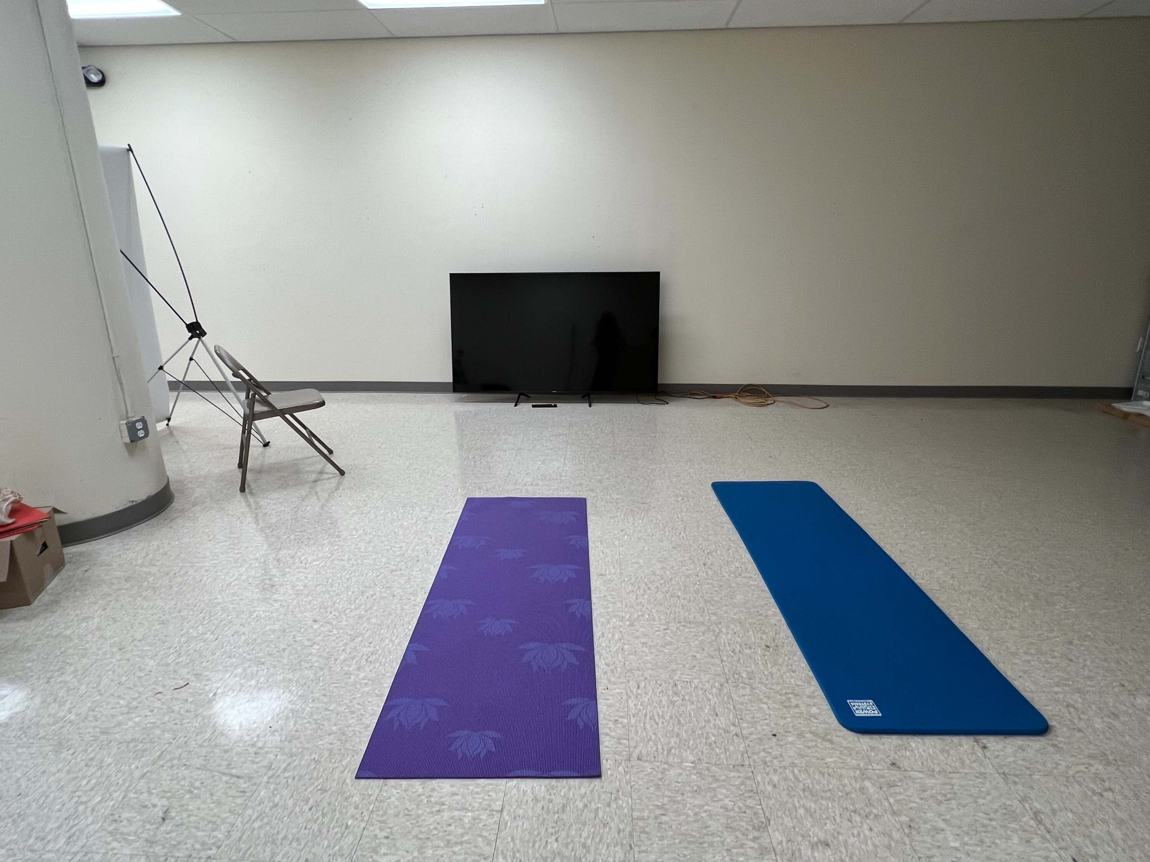 A sparsely furnished room with two yoga mats laid on the floor and a television mounted on the wall in the background.