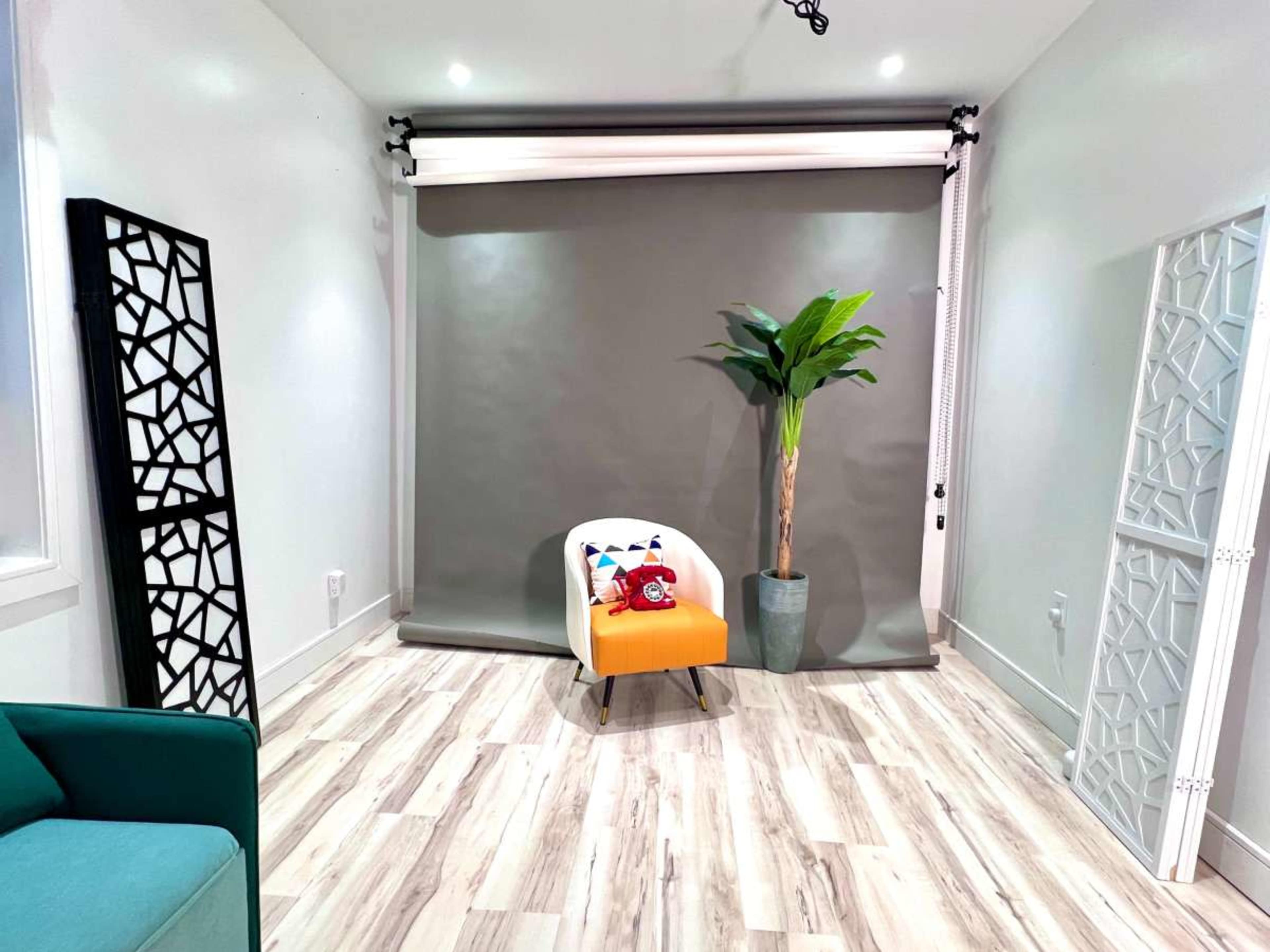 The image shows a minimalistic room featuring a green couch, a small orange and white chair, a decorative plant in a pot, and grey backdrops along with a patterned screen.
