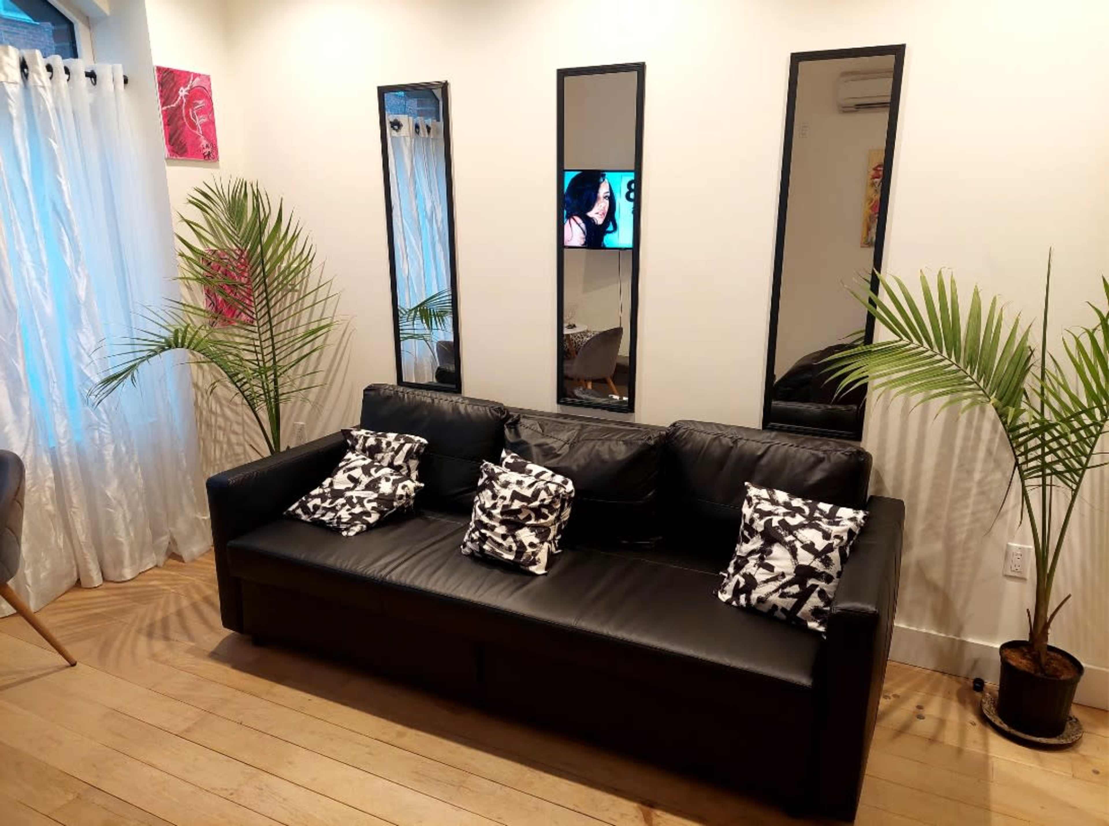 A black sofa with patterned pillows in a room featuring mirrors, a television, and indoor plants.