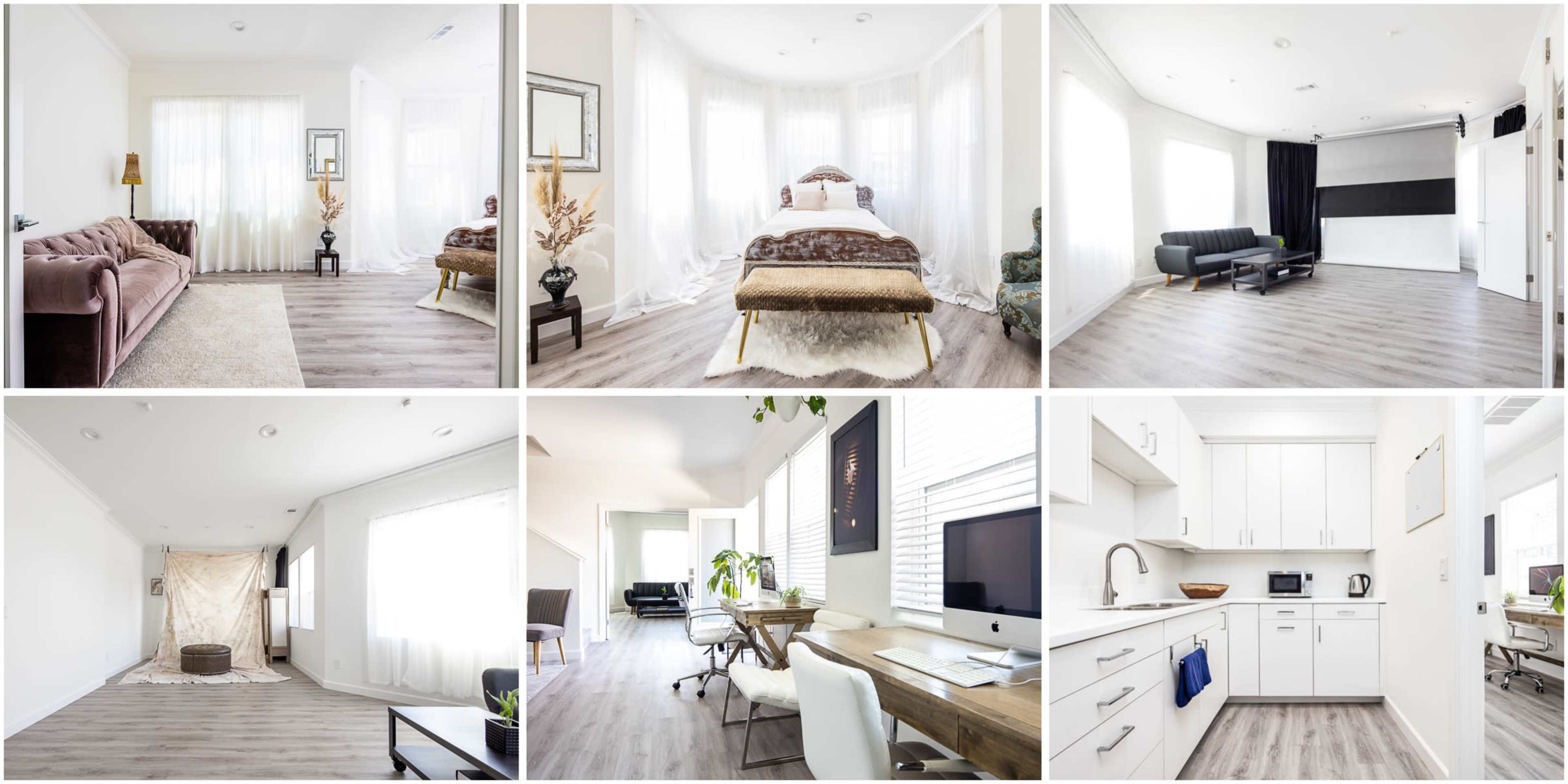 A series of six well-lit interior spaces, including a living room, bedroom, studio, office, and kitchen, all featuring modern furniture and minimalist decor.
