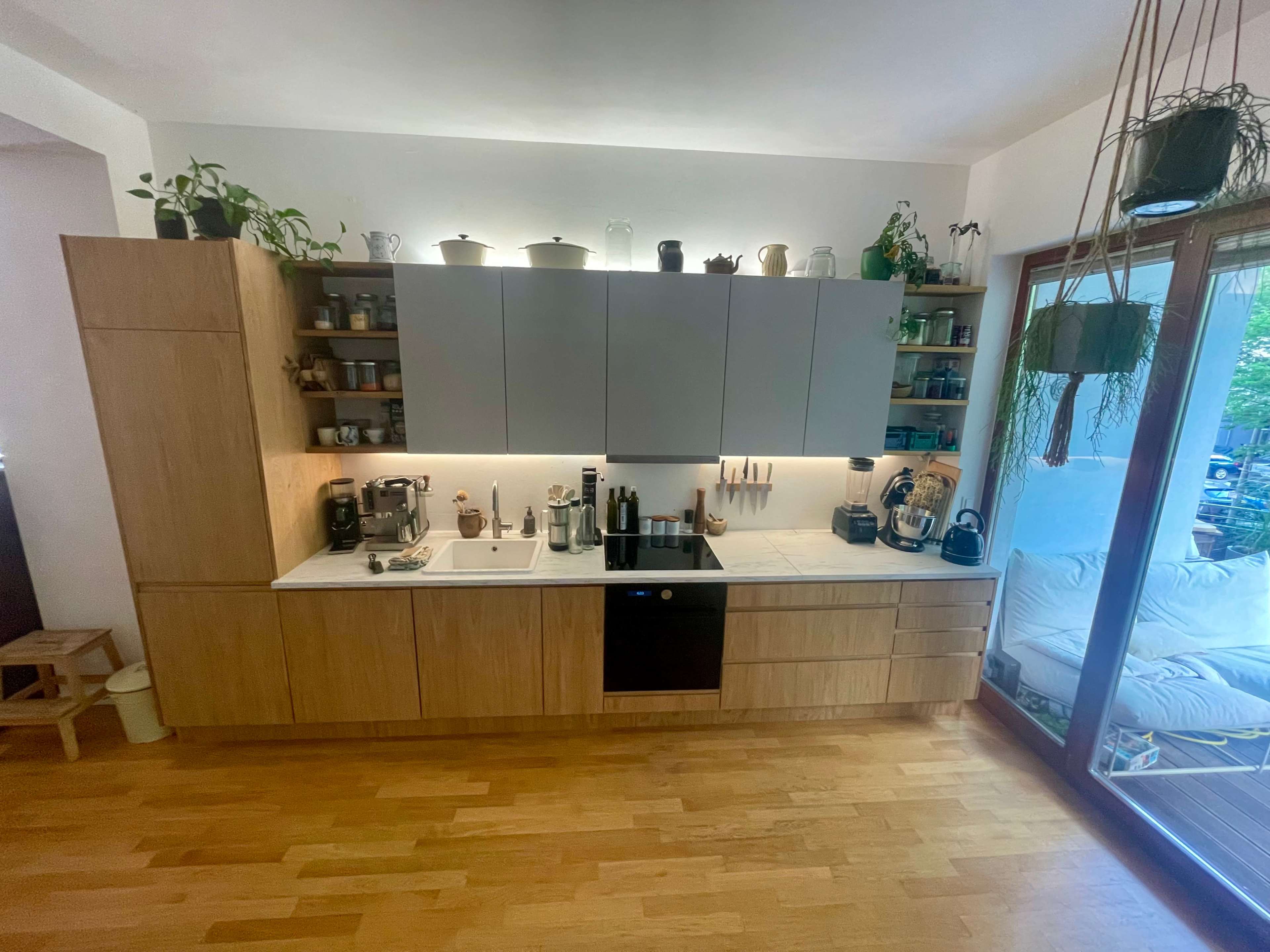 The image shows a modern kitchen with wooden cabinets, a marble countertop, various kitchen appliances, and shelves filled with plants and containers, beside a large window.