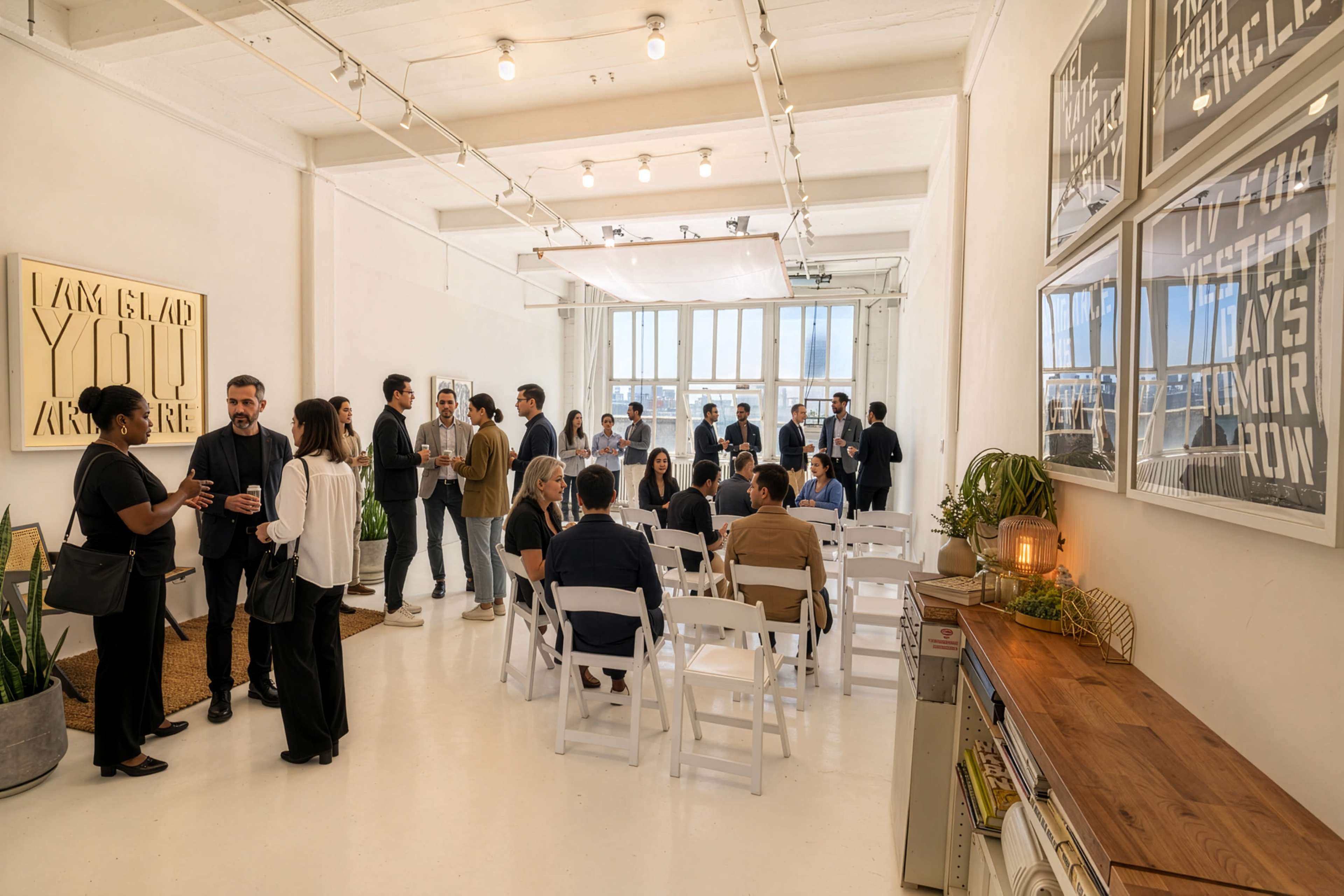 A group of people engage in conversation at a spacious, well-lit venue set up for a gathering, featuring white walls and chairs arranged for seating.
