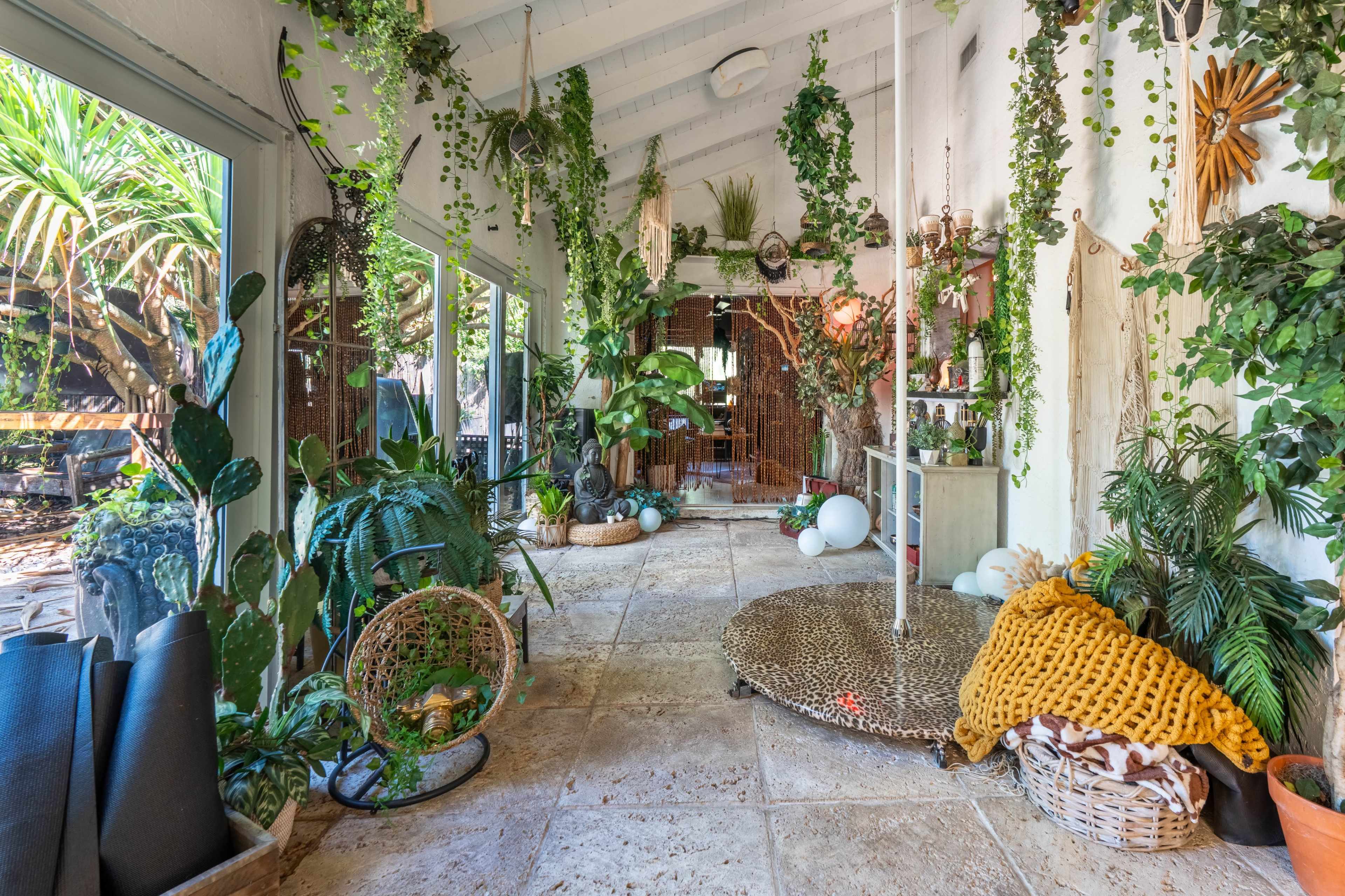 The image shows a bright indoor space decorated with various plants, a woven rug, and a mix of natural textures and furnishings.