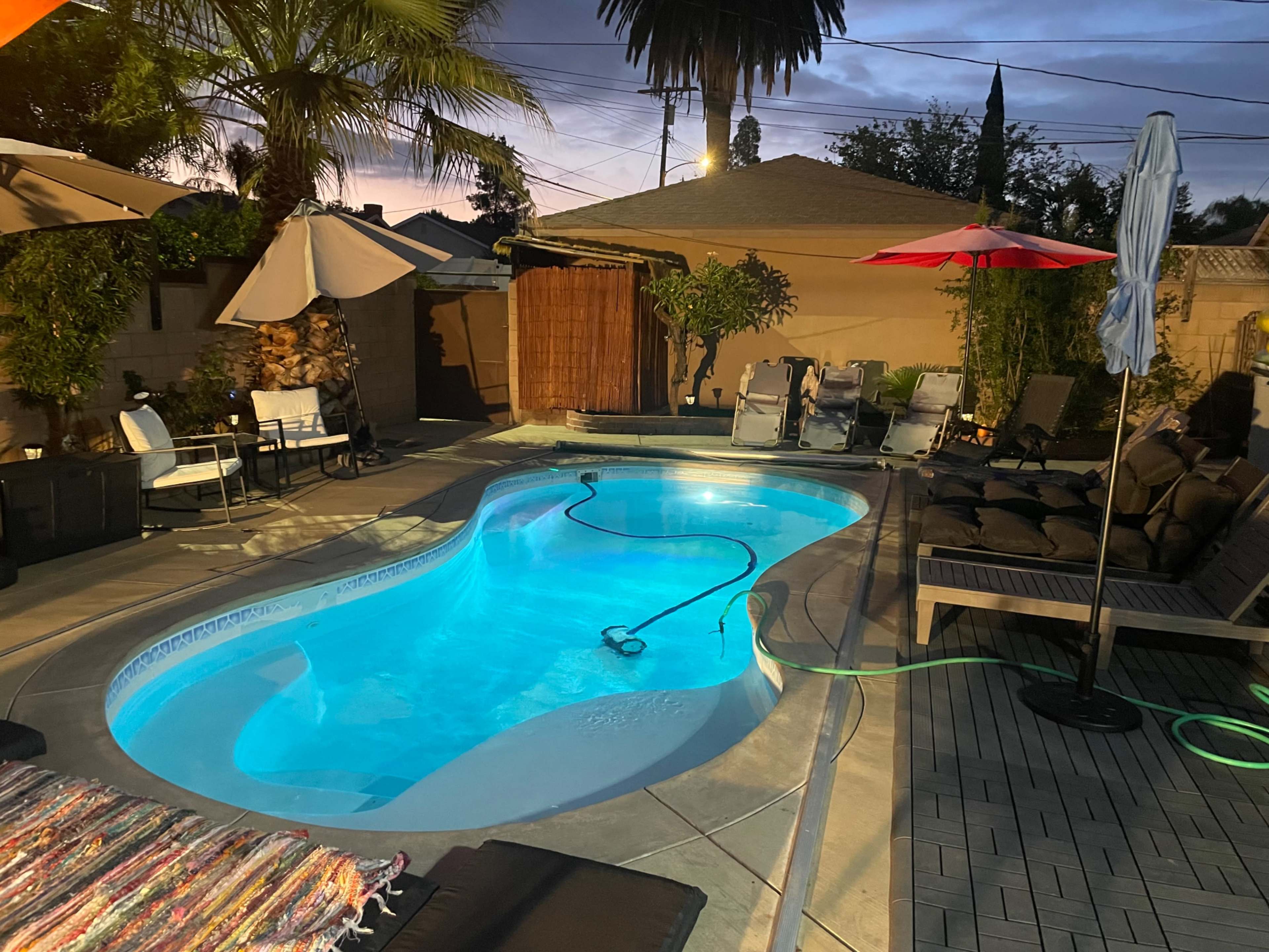 The image shows a well-lit backyard featuring a swimming pool, lounge chairs, and patio furniture, surrounded by palm trees and umbrellas.