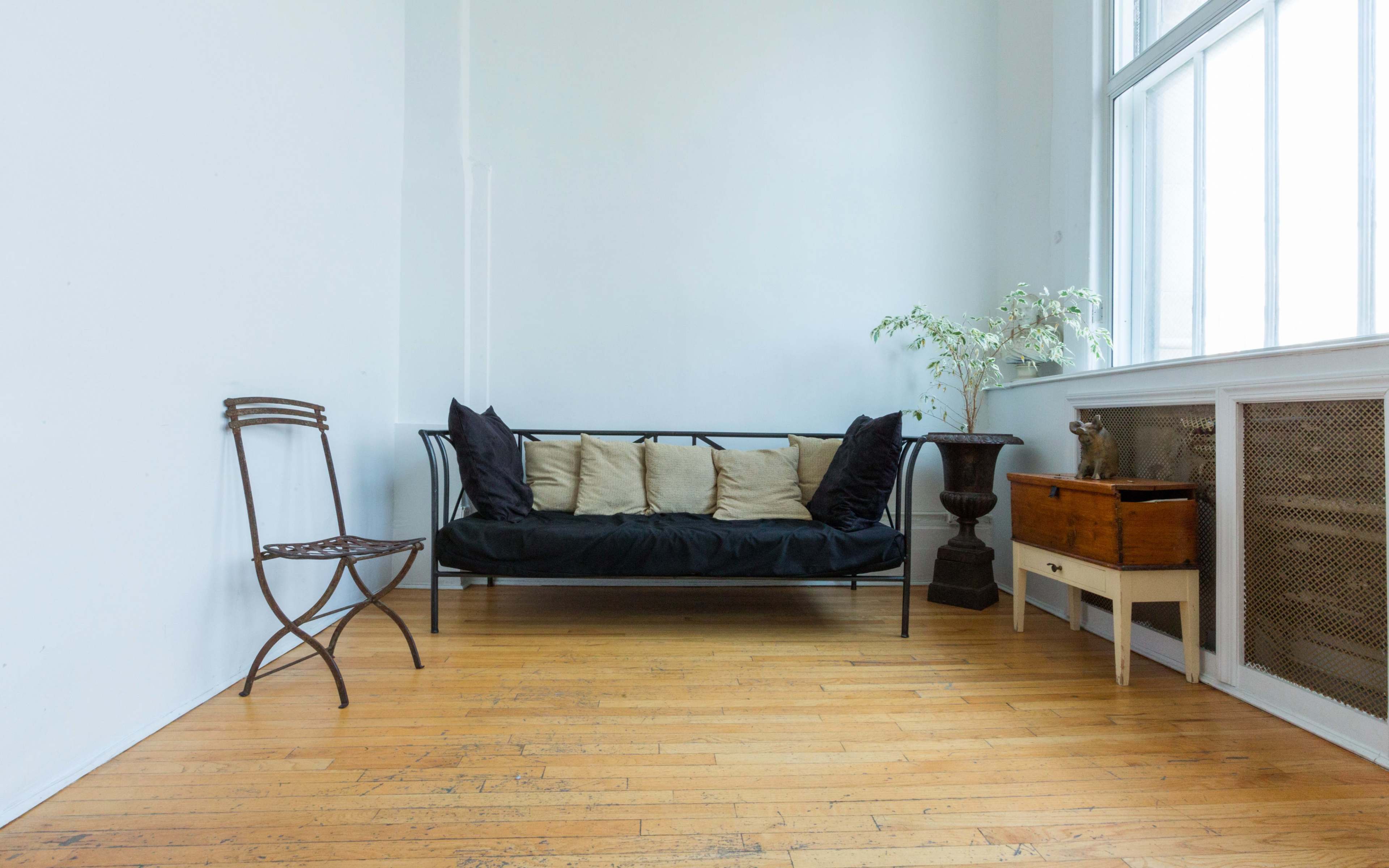 The image shows a minimalist interior with a black sofa adorned with cushions, a wooden chair, a decorative plant, and a small wooden cabinet against a light-colored wall.