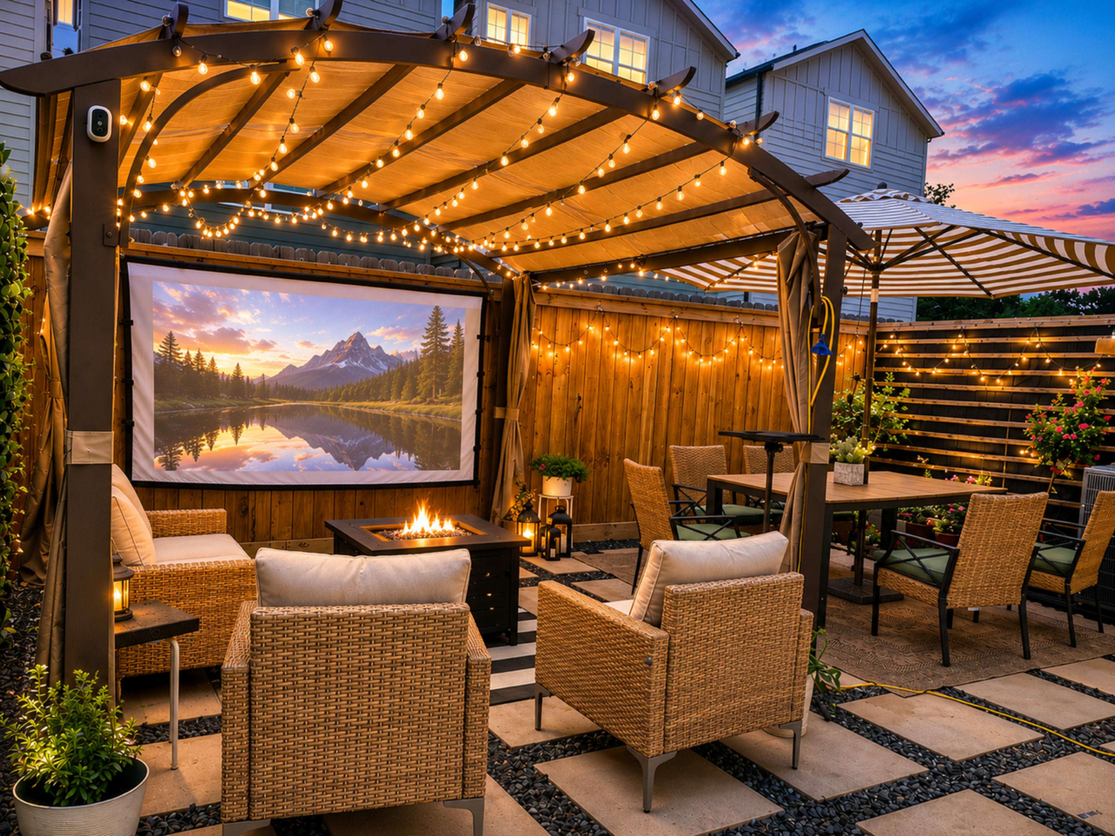 A cozy outdoor patio features a pergola with string lights, comfortable seating, a fire pit, and a large screen displaying a mountain landscape at dusk.