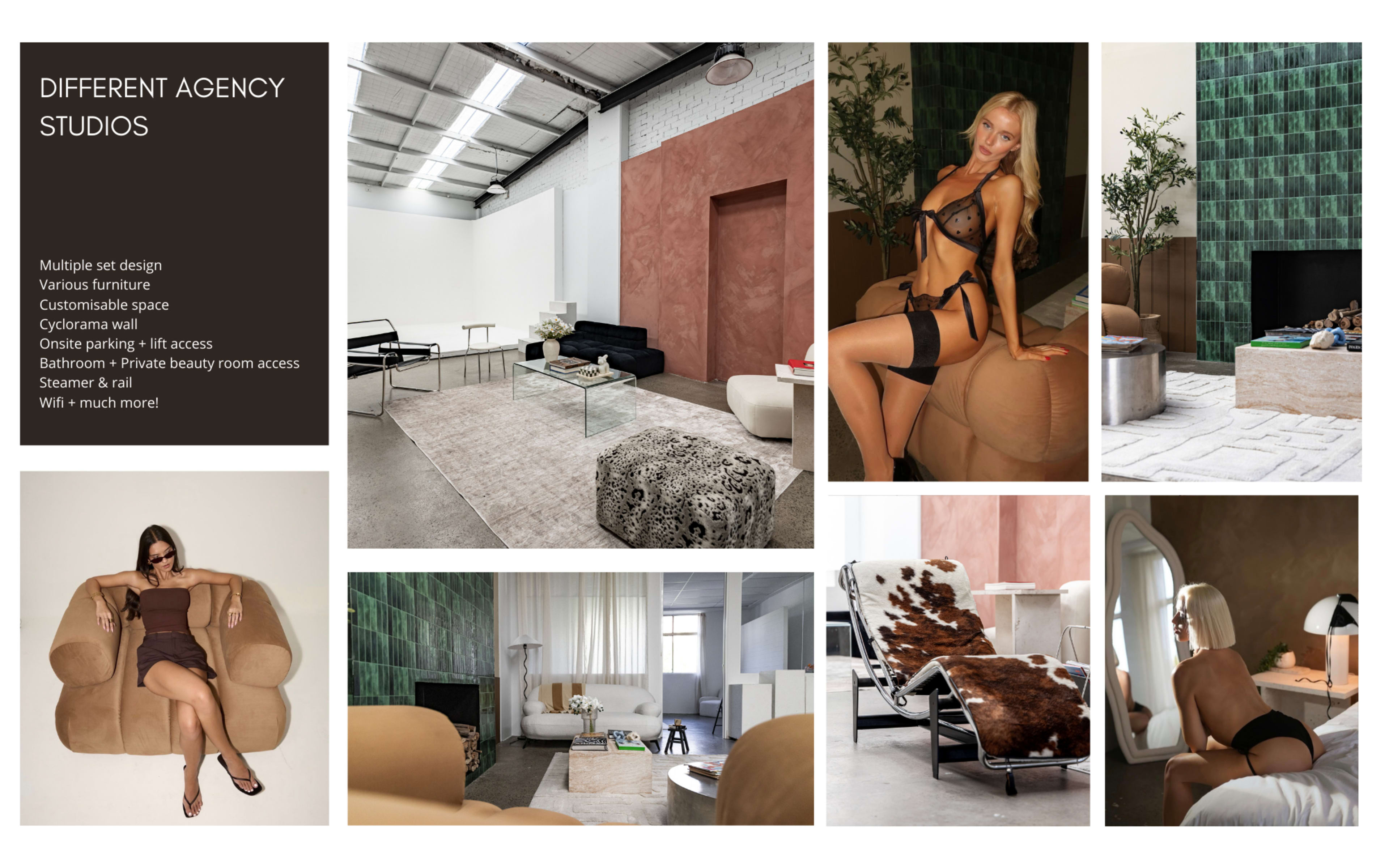 The image showcases various studio spaces featuring contemporary furniture and decor, highlighting customization options and amenities like restroom access and Wi-Fi.