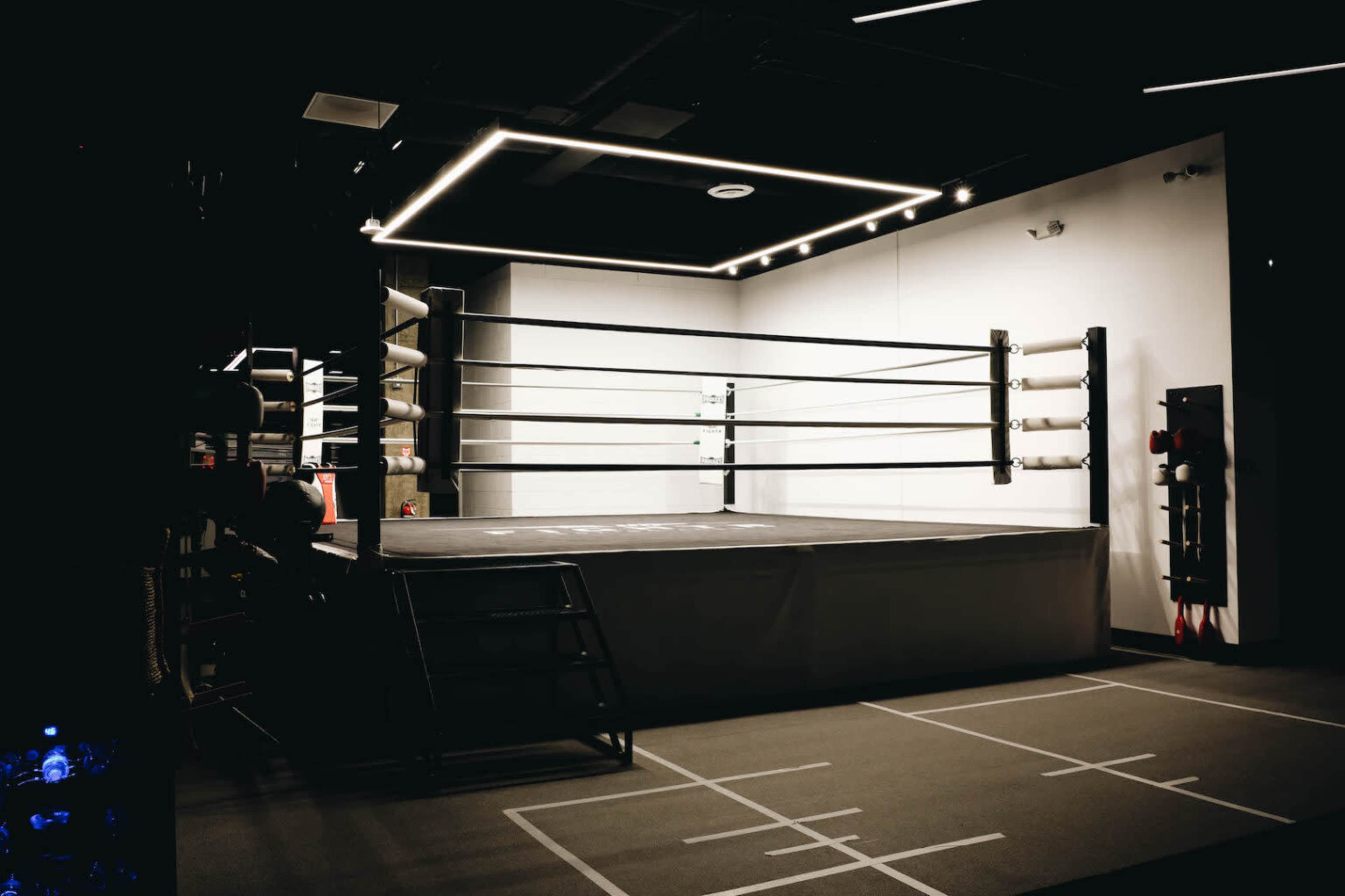 A boxing ring set in a dimly lit gym, featuring a rectangular mat and ropes, with workout equipment nearby.