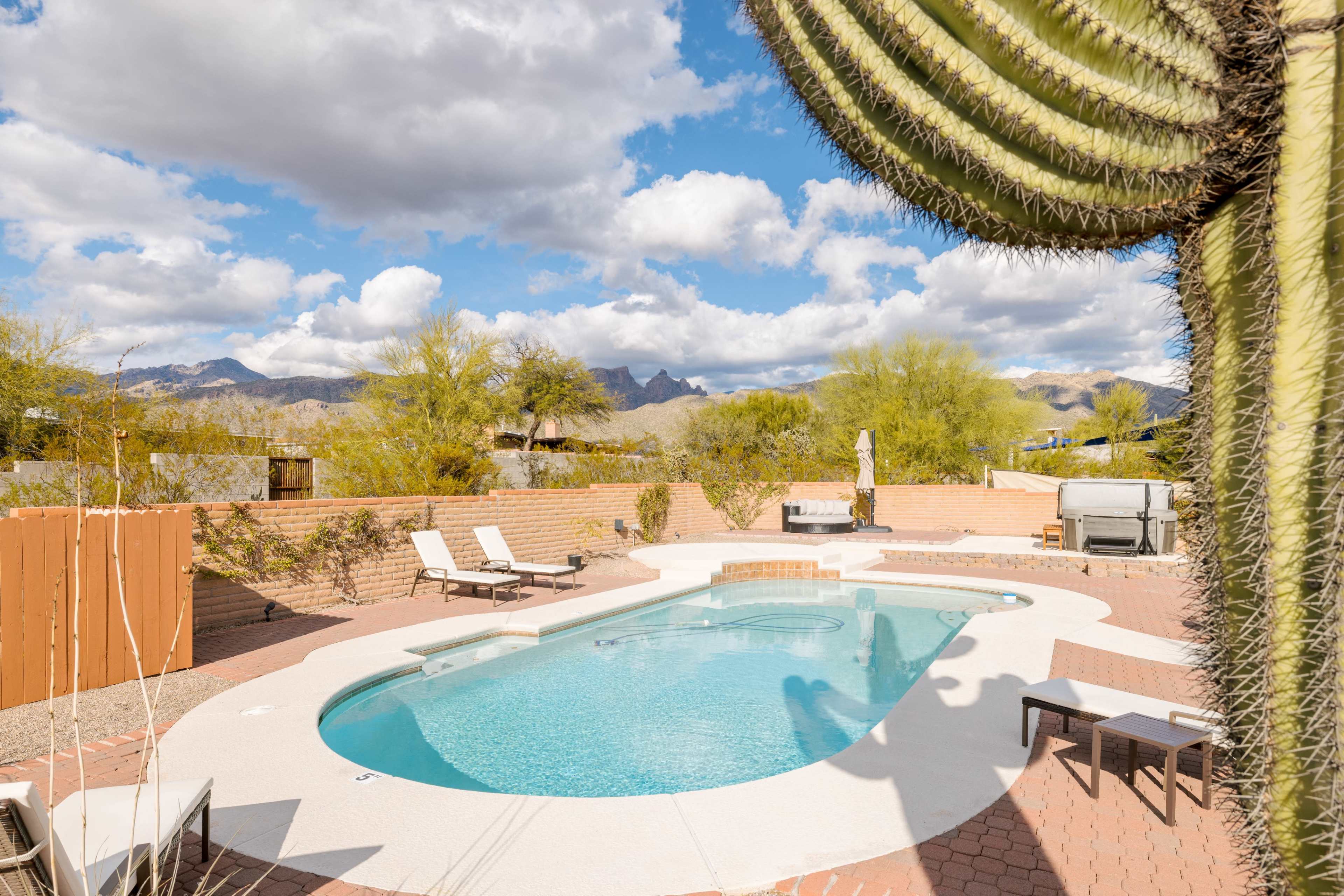A swimming pool is surrounded by a desert landscape with a large cactus in the foreground and mountains in the background.