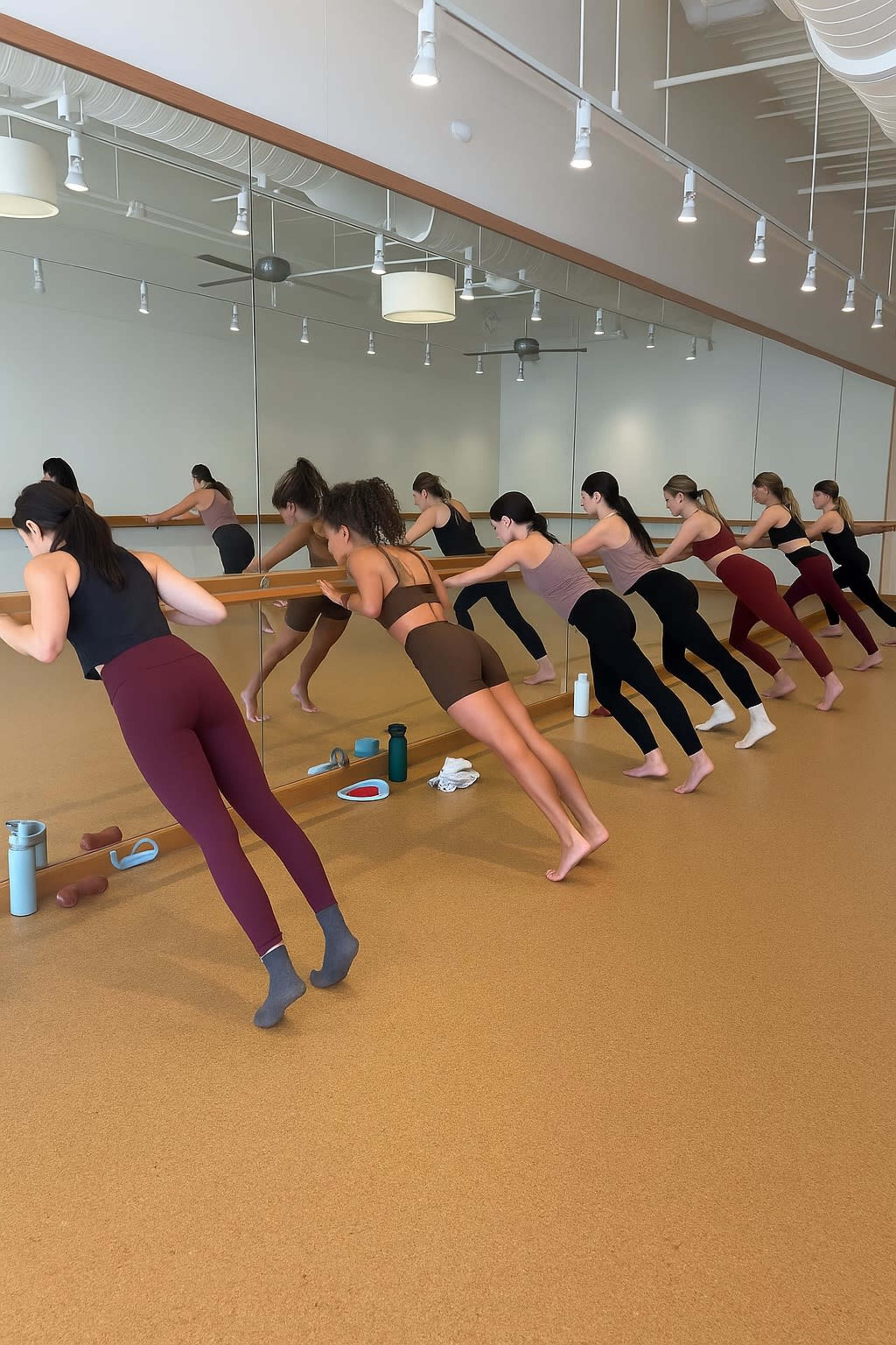 A group of women in athletic wear is performing an exercise routine while leaning against a mirrored wall in a fitness studio.