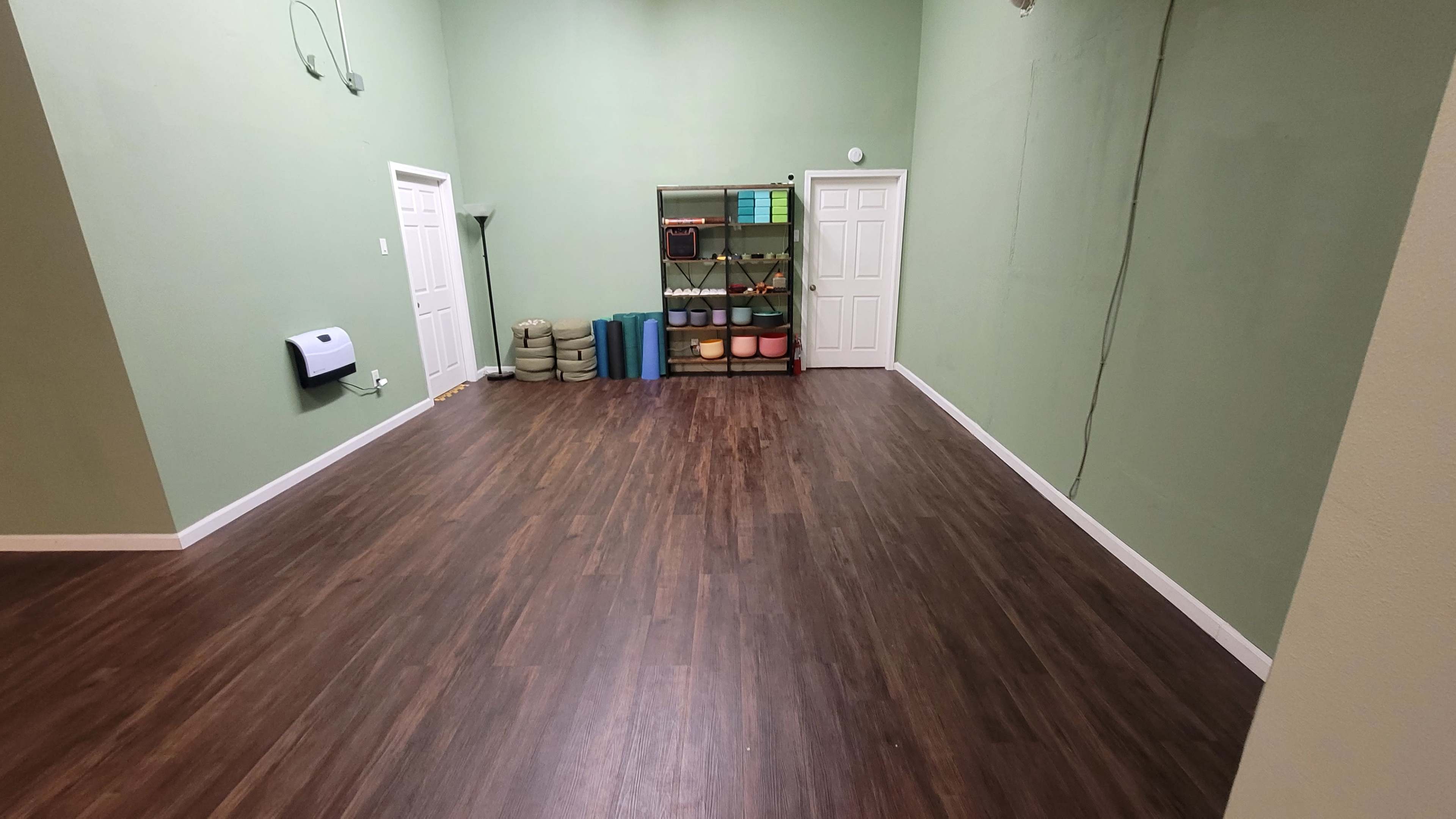 The image shows an empty room with green walls, dark wood flooring, and a shelf containing various storage bins, alongside two closed doors.