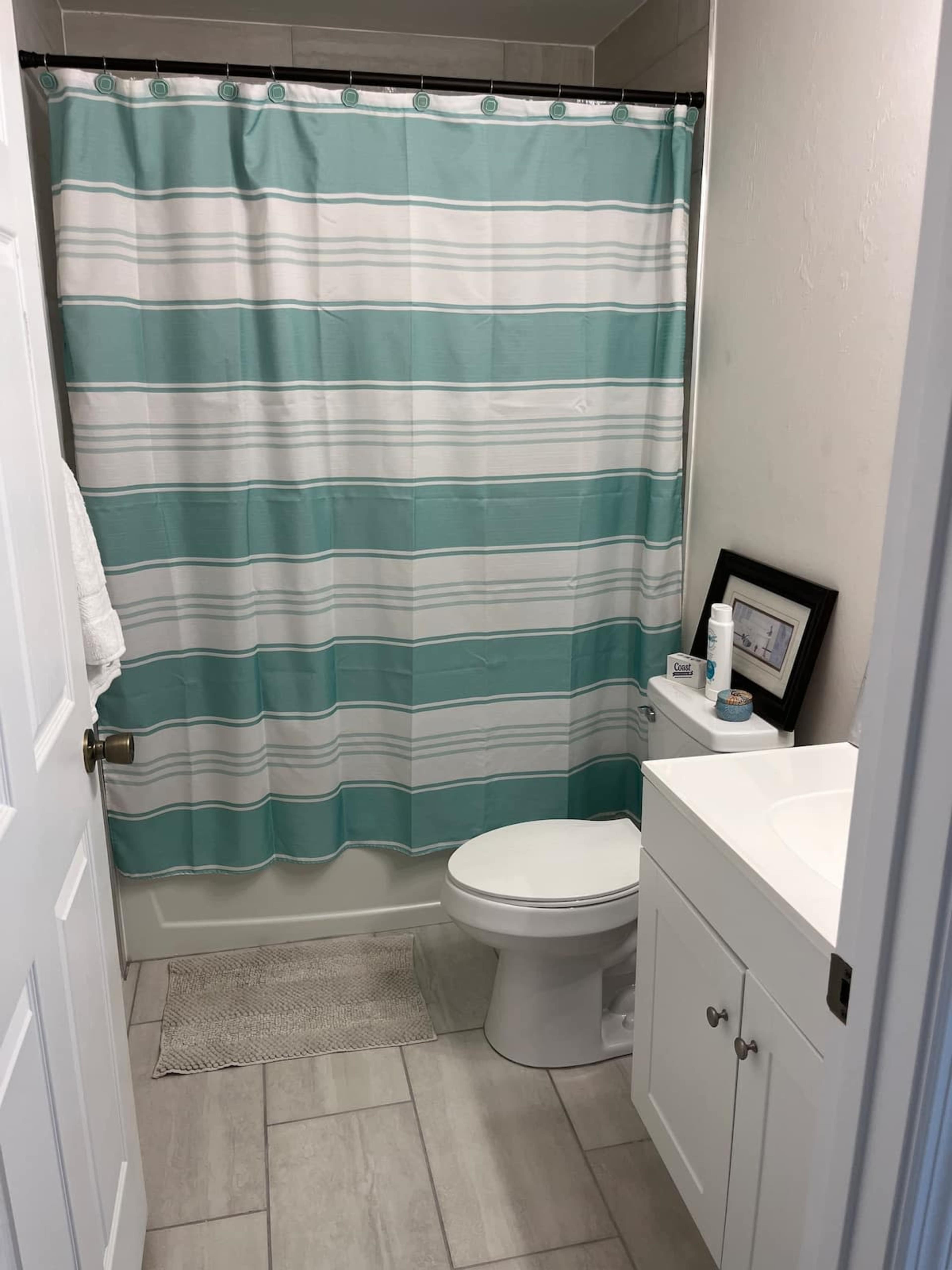 A small bathroom equipped with a shower curtain, toilet, and a vanity sink with a framed picture nearby.