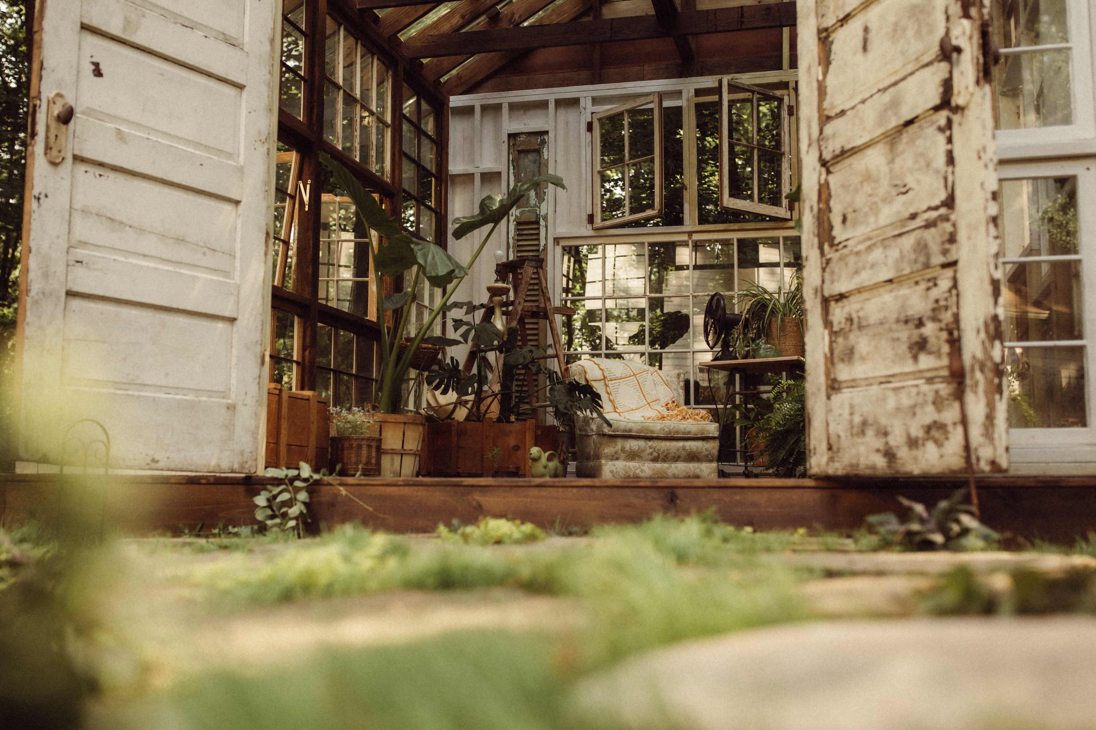 The image shows a rustic greenhouse filled with plants and sunlight, featuring an inviting seating area with a patterned throw pillow.