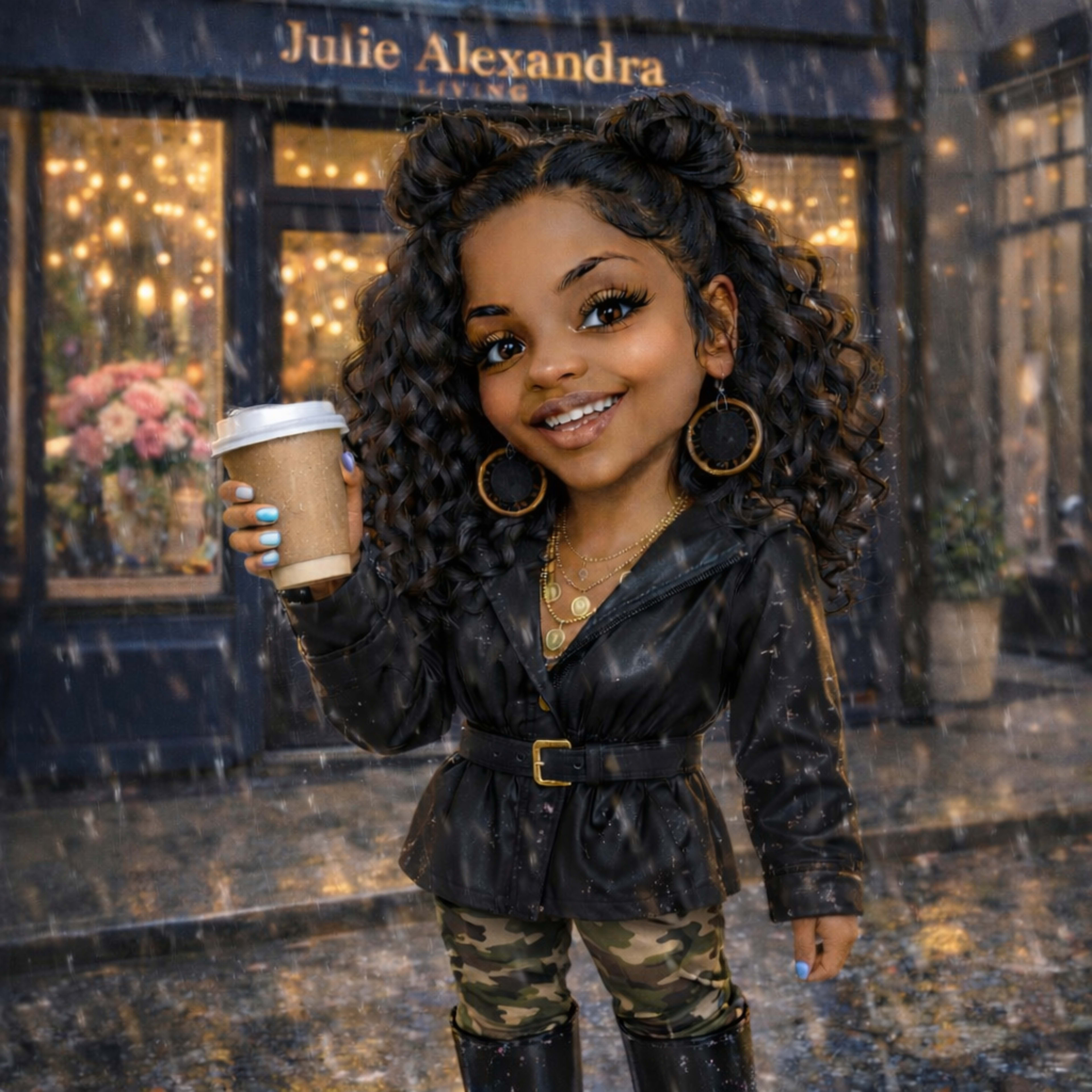 A young woman with curly hair holds a coffee cup while standing in front of a café on a rainy day.