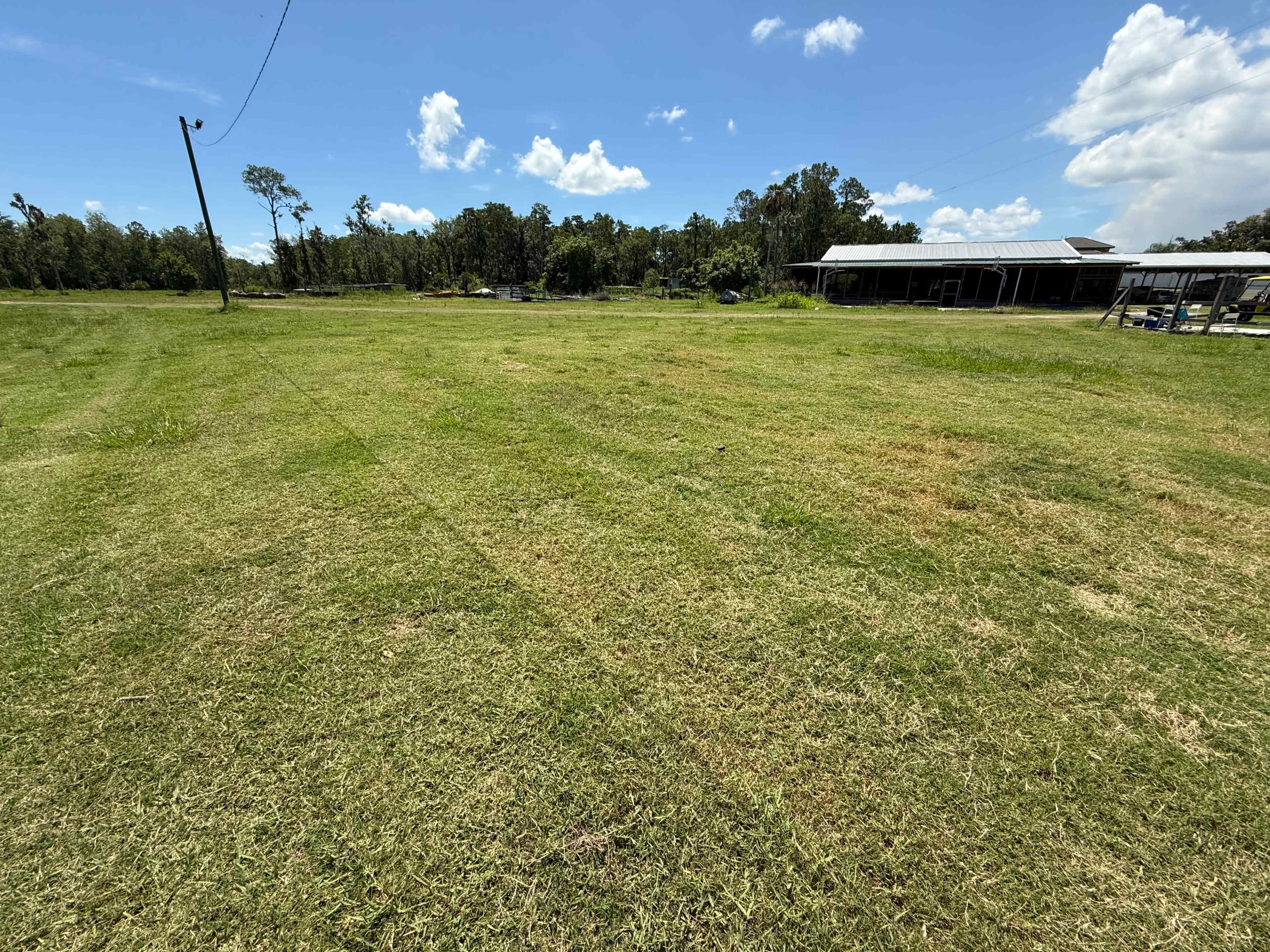 The image shows a wide, grassy area with a barn in the background and a clear blue sky overhead.