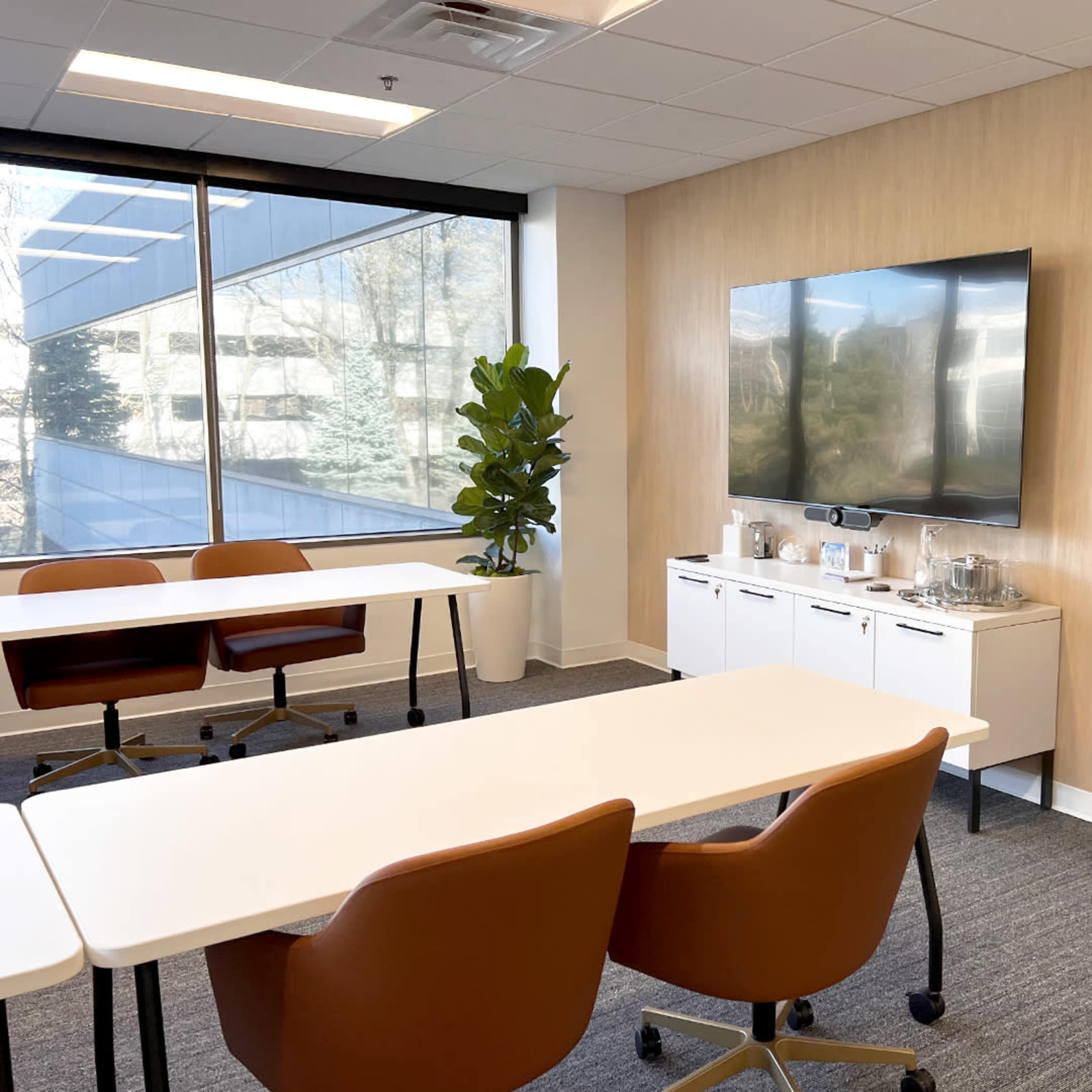 A modern conference room with two tables, brown chairs, a television mounted on the wall, and a potted plant in the corner.