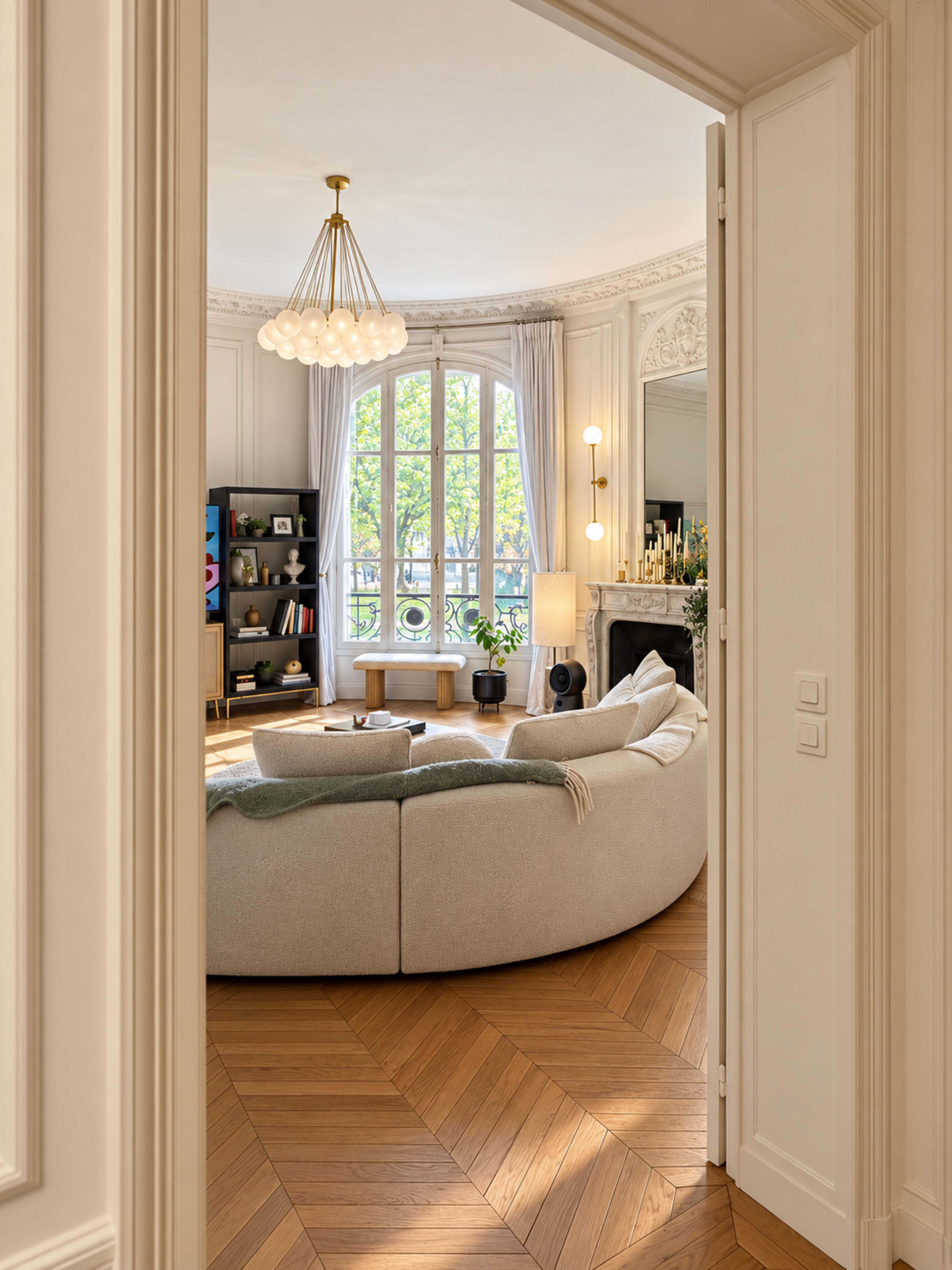 A modern living room with a curved sofa and large windows, framed by detailed molding, is visible through an open doorway.
