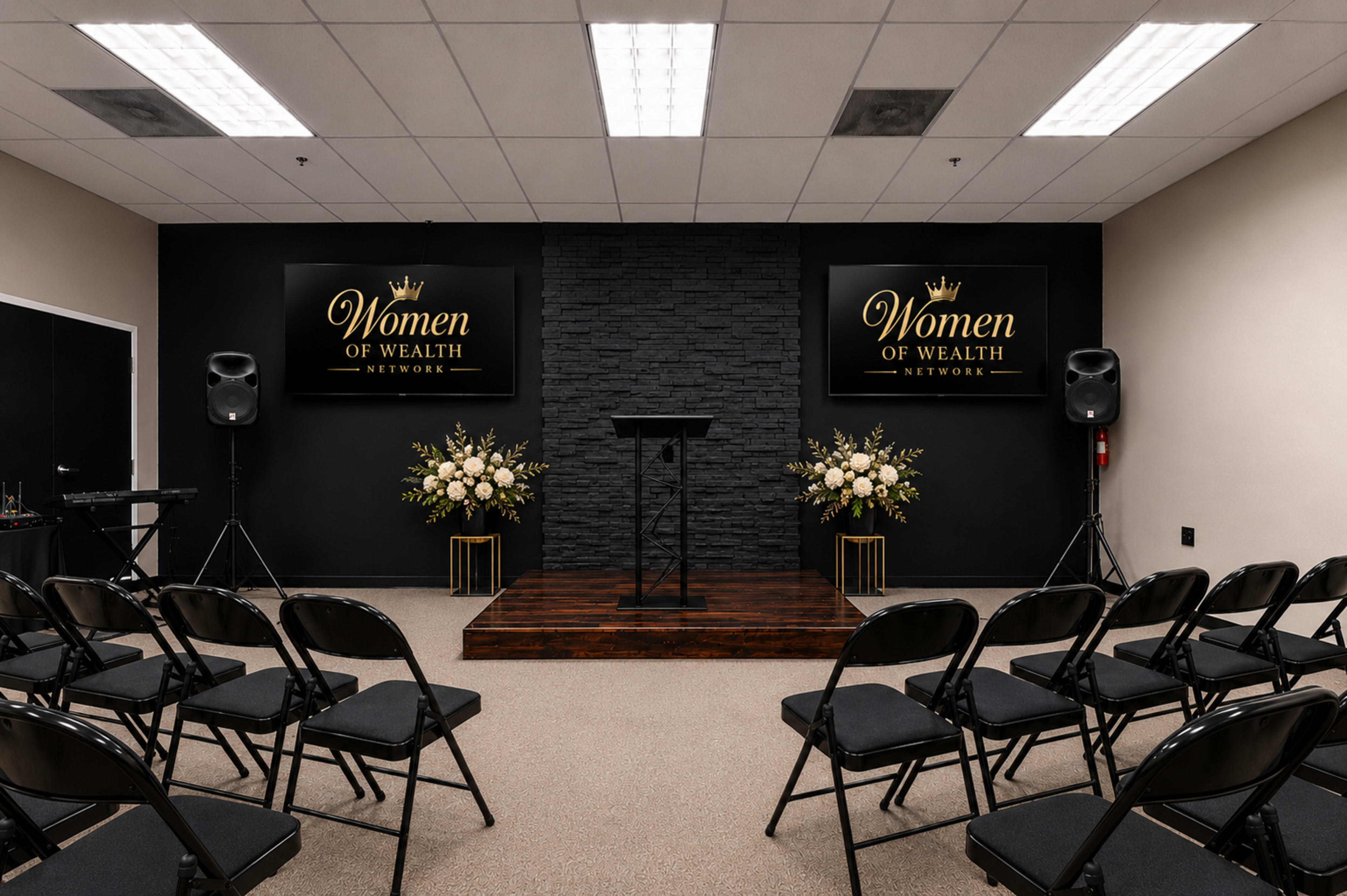 The image shows a seminar room set up with black folding chairs facing a podium on a wooden stage, adorned with floral arrangements and signs proclaiming "Women of Wealth Network."