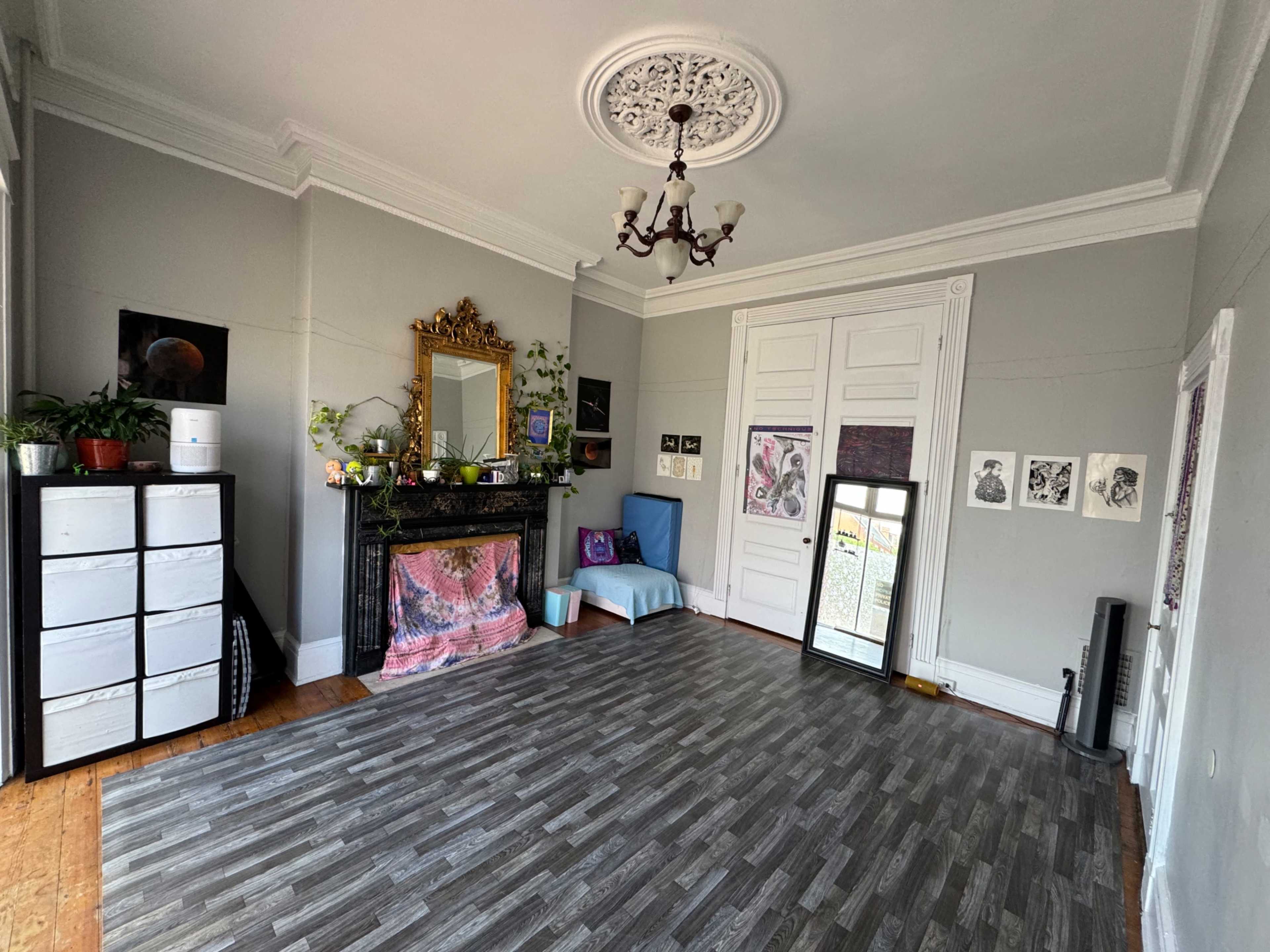 A spacious room features a black fireplace, a large mirror, various plants, and artwork hanging on the walls, with a blue couch against one side and a gray wood-like floor.