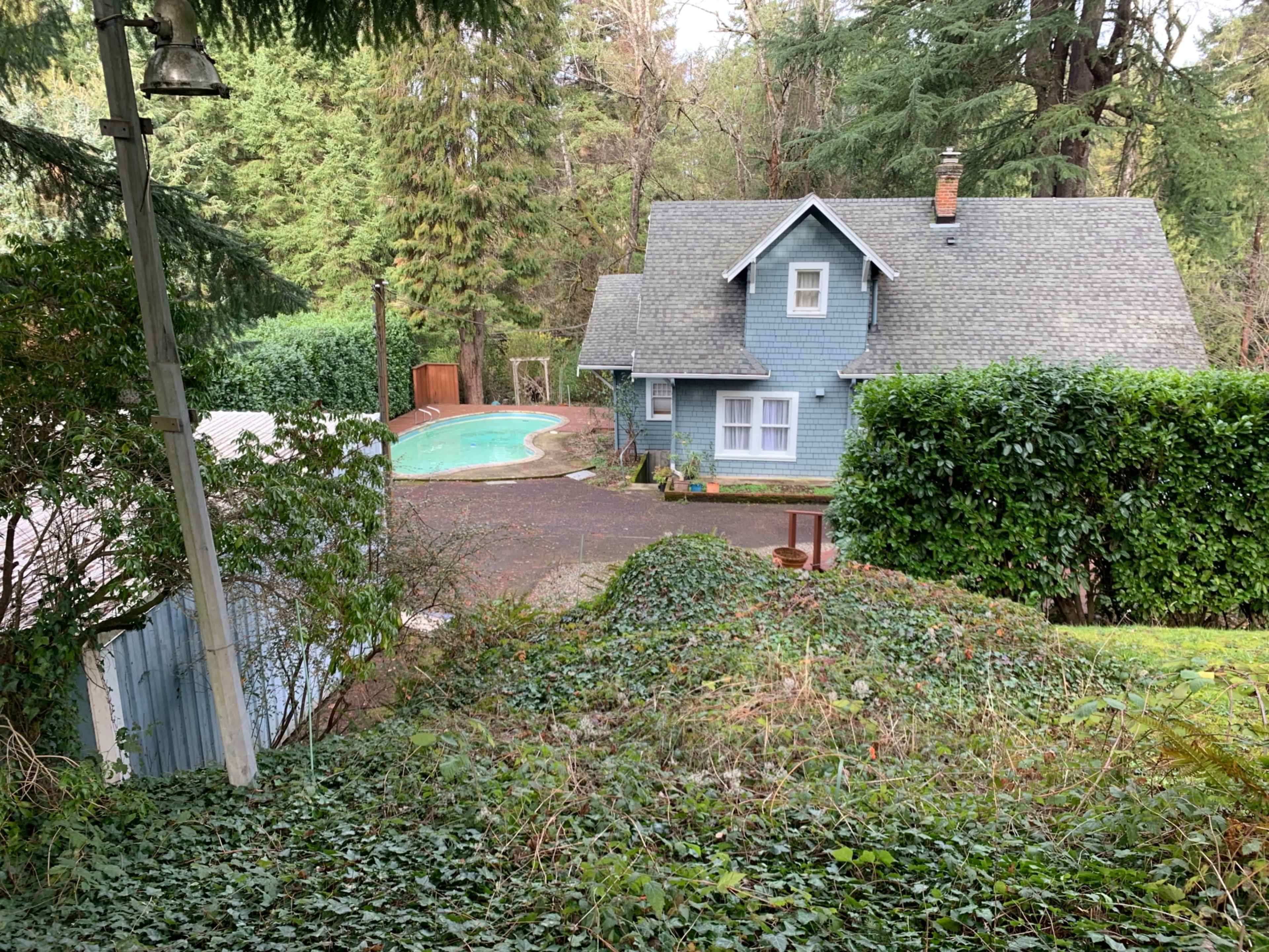 A blue two-story house is situated near a swimming pool, surrounded by tall trees and dense greenery.