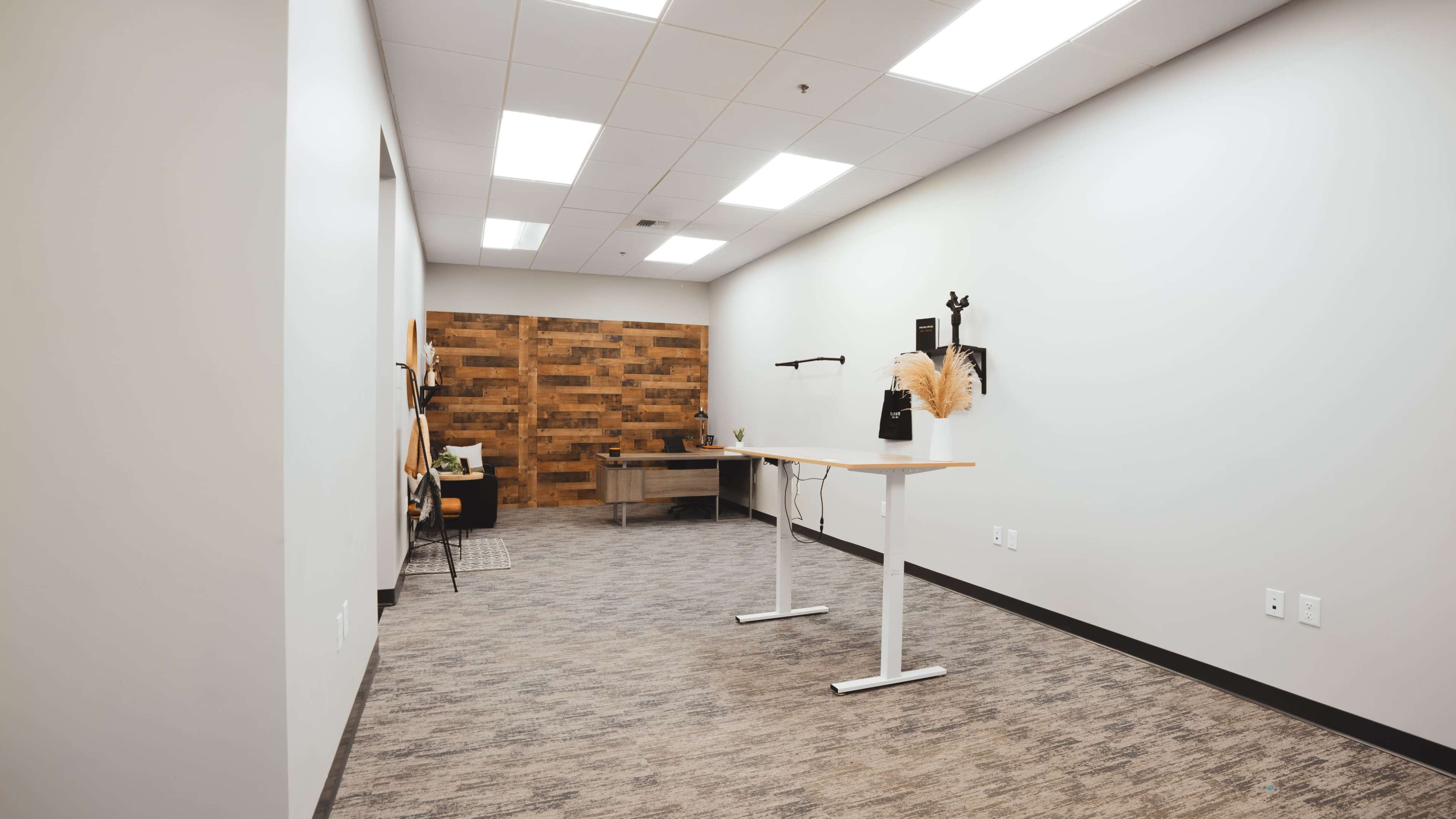 A spacious, minimally furnished office with a standing desk, wooden accent wall, and a few decorative items.