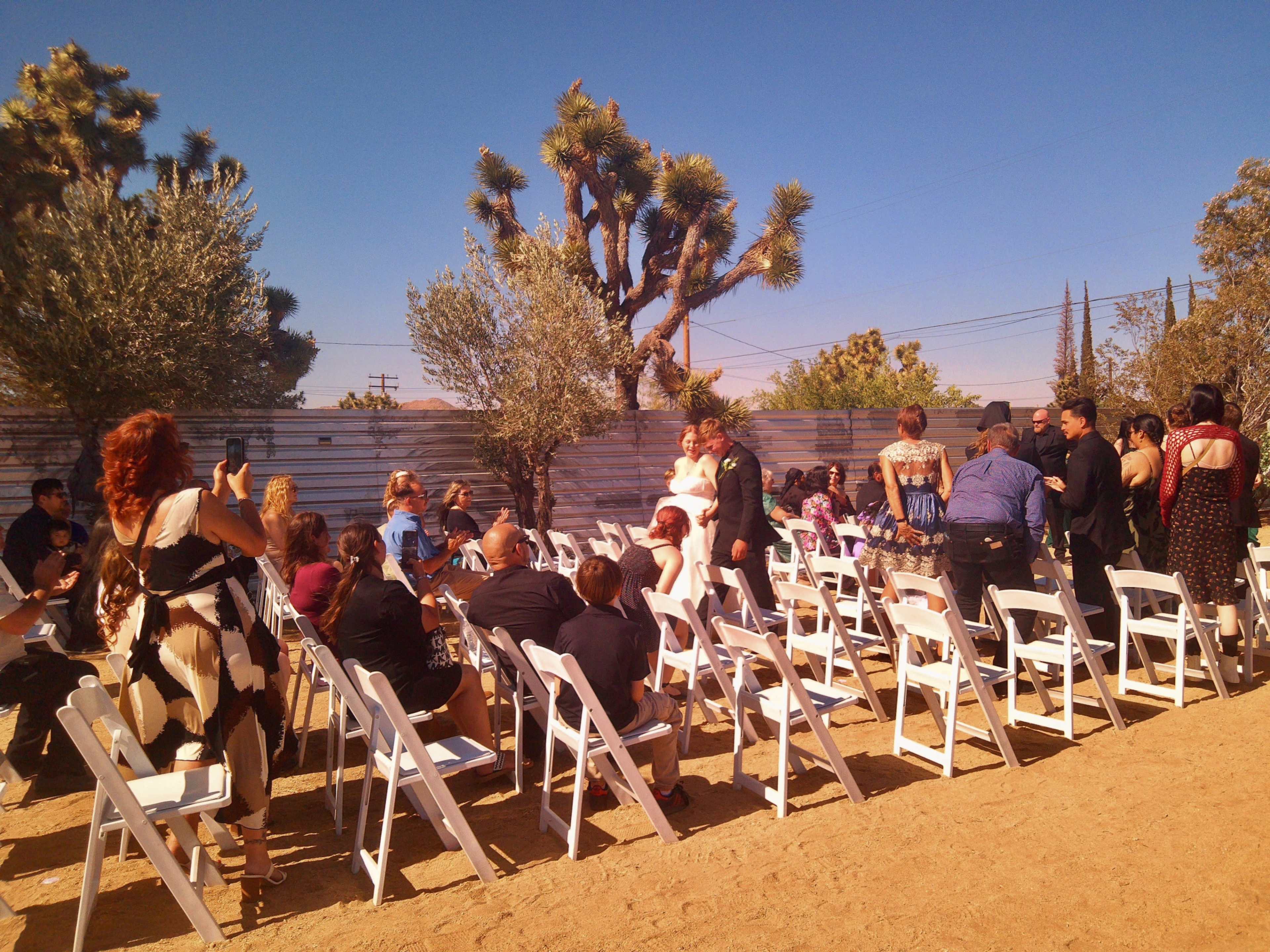 A group of people gathers in a desert-like setting with white chairs arranged for an outdoor event, surrounded by Joshua trees and blue skies.