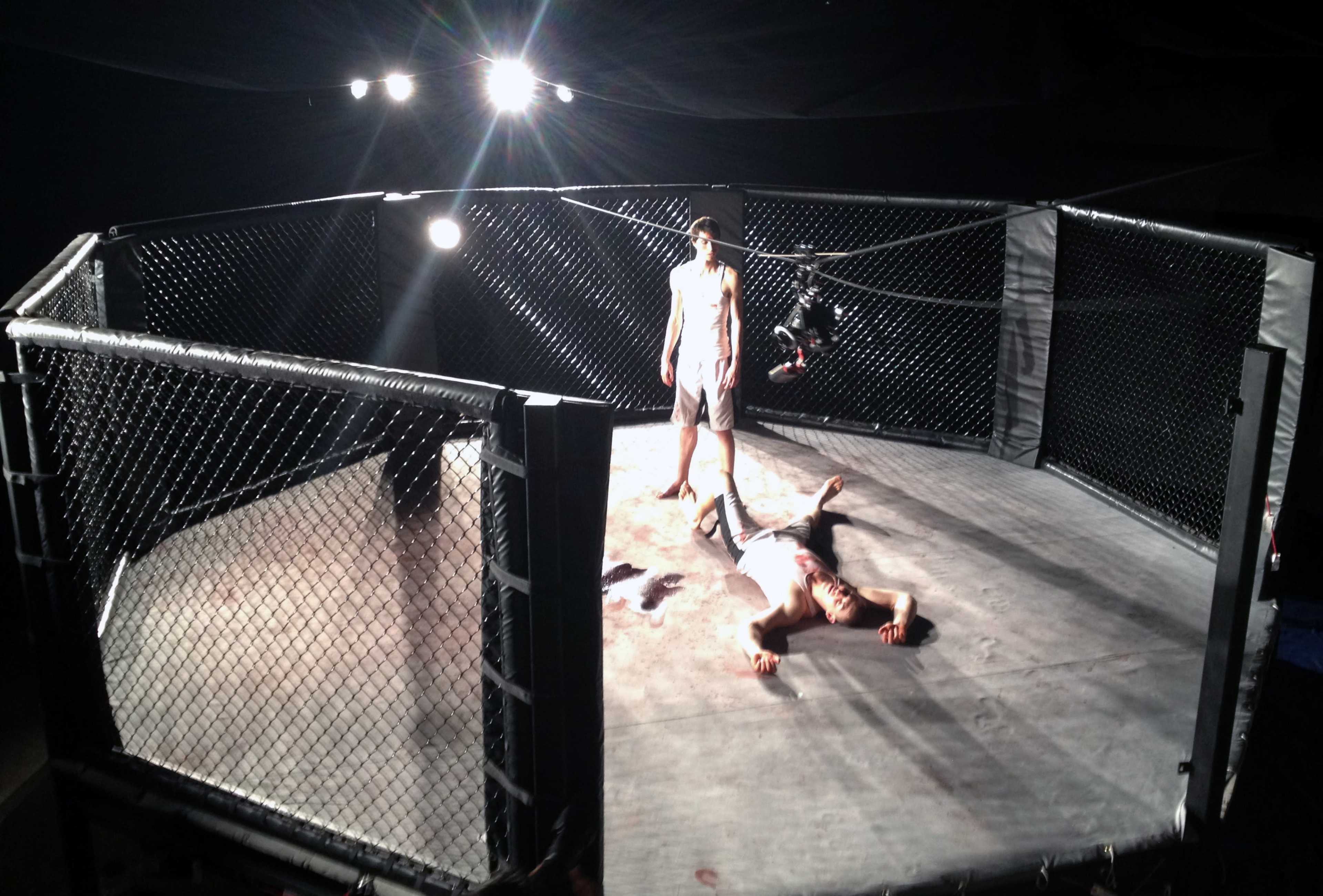 Two fighters are engaged in a match inside a fenced octagonal ring, with one fighter standing and the other lying on the mat.