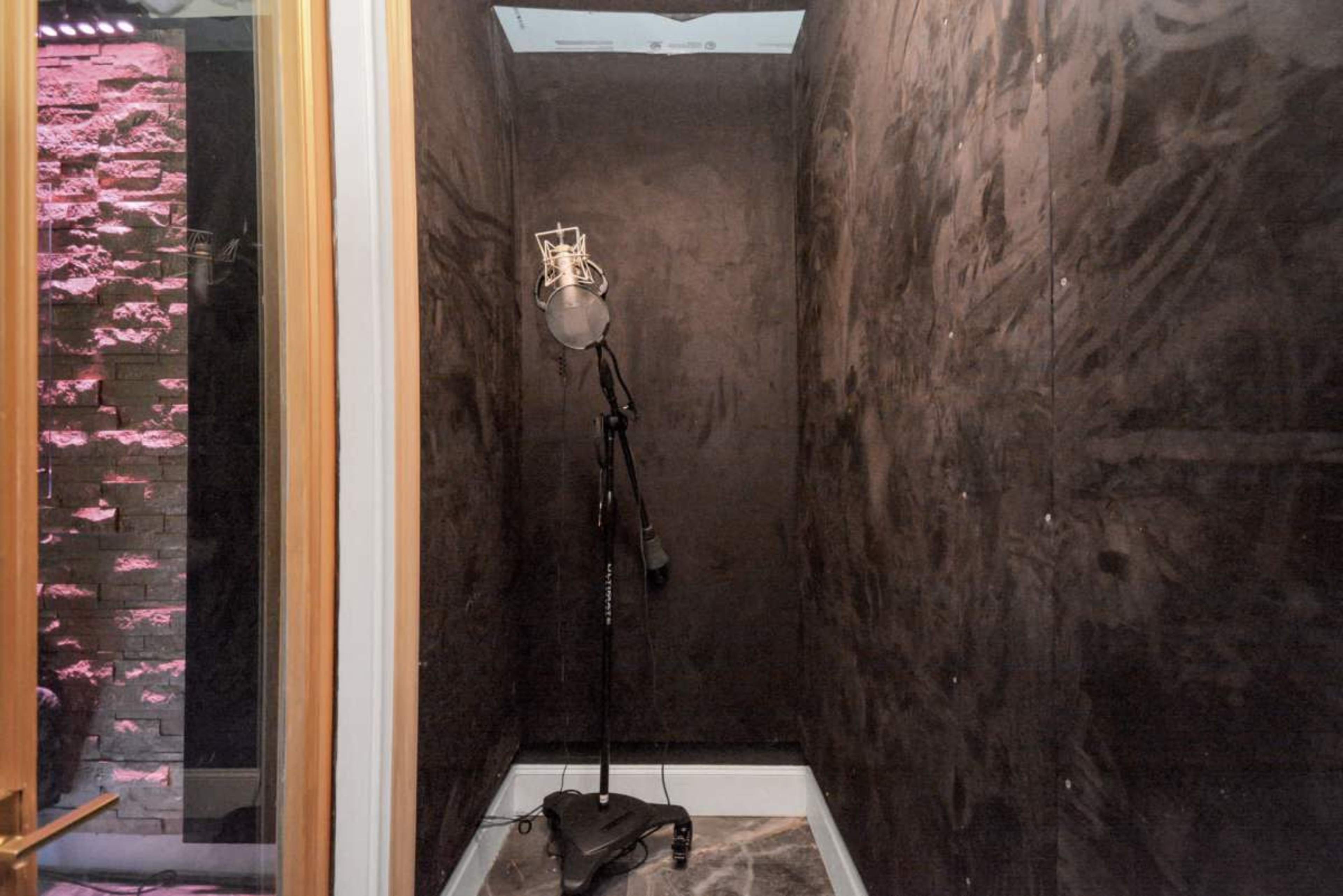 The image shows a small, soundproof room with dark walls containing a microphone mounted on a stand.