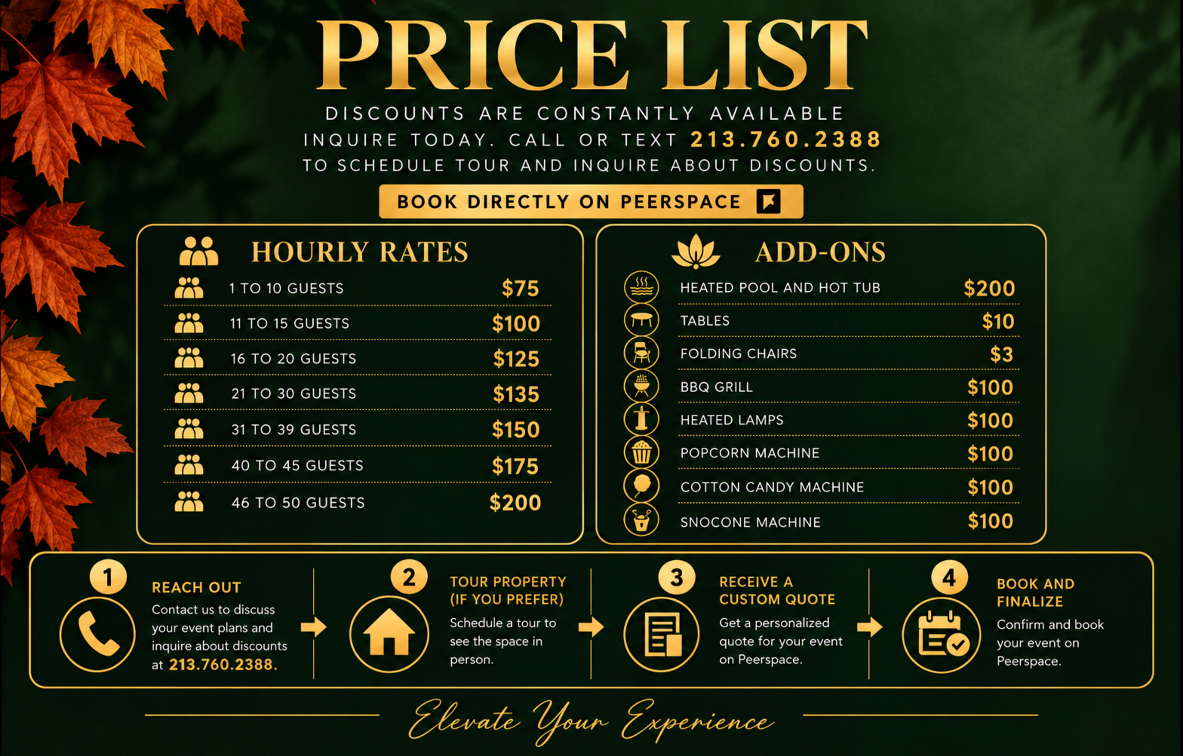 The image displays a price list featuring hourly rates based on the number of guests and various add-on services, set against a backdrop of autumn leaves.